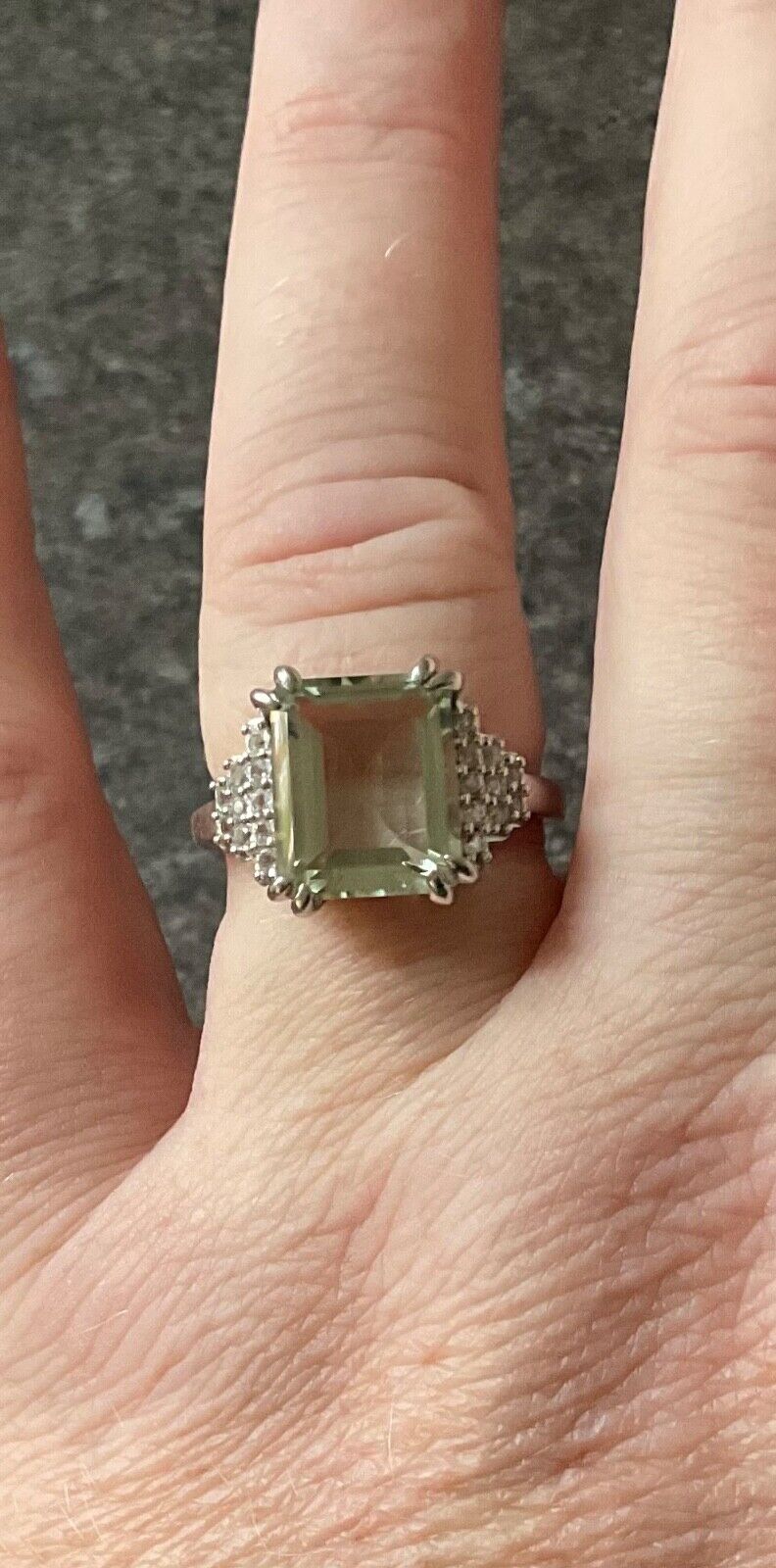 925 Green Amethyst & Zircon emerald cut & stepped shoulders ring R-R1/2 silver
