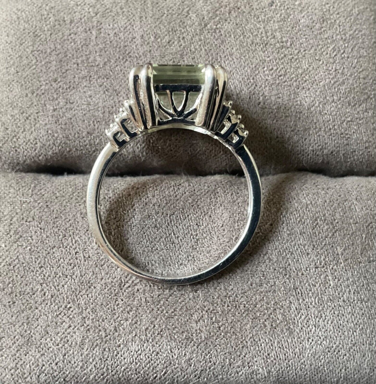 925 Green Amethyst & Zircon emerald cut & stepped shoulders ring R-R1/2 silver