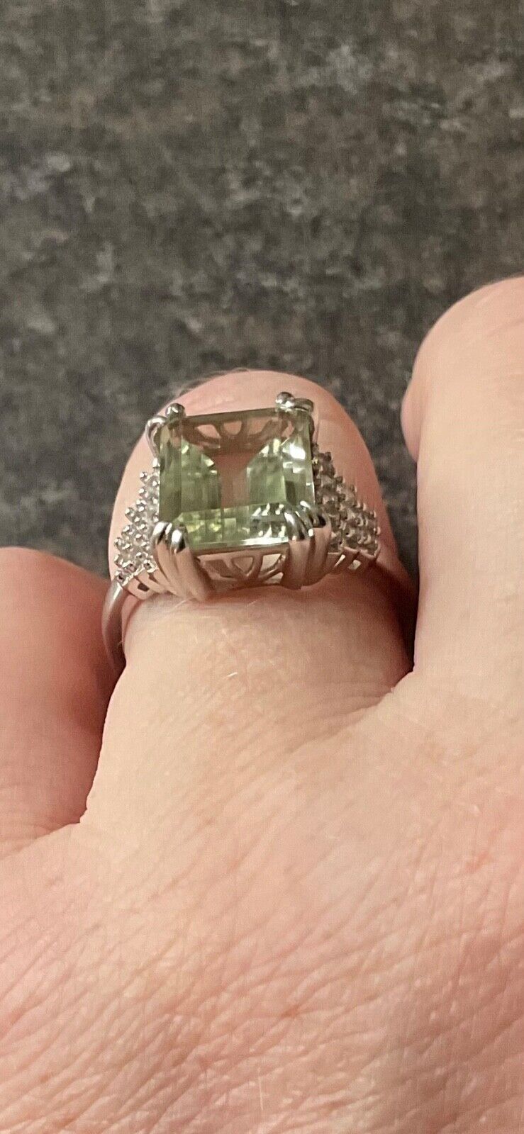 925 Green Amethyst & Zircon emerald cut & stepped shoulders ring R-R1/2 silver