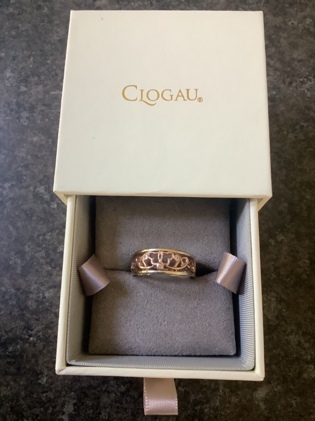 Clogau 9ct 5 diamond Cariad ring size O1/2 yellow and rose gold hallmarked