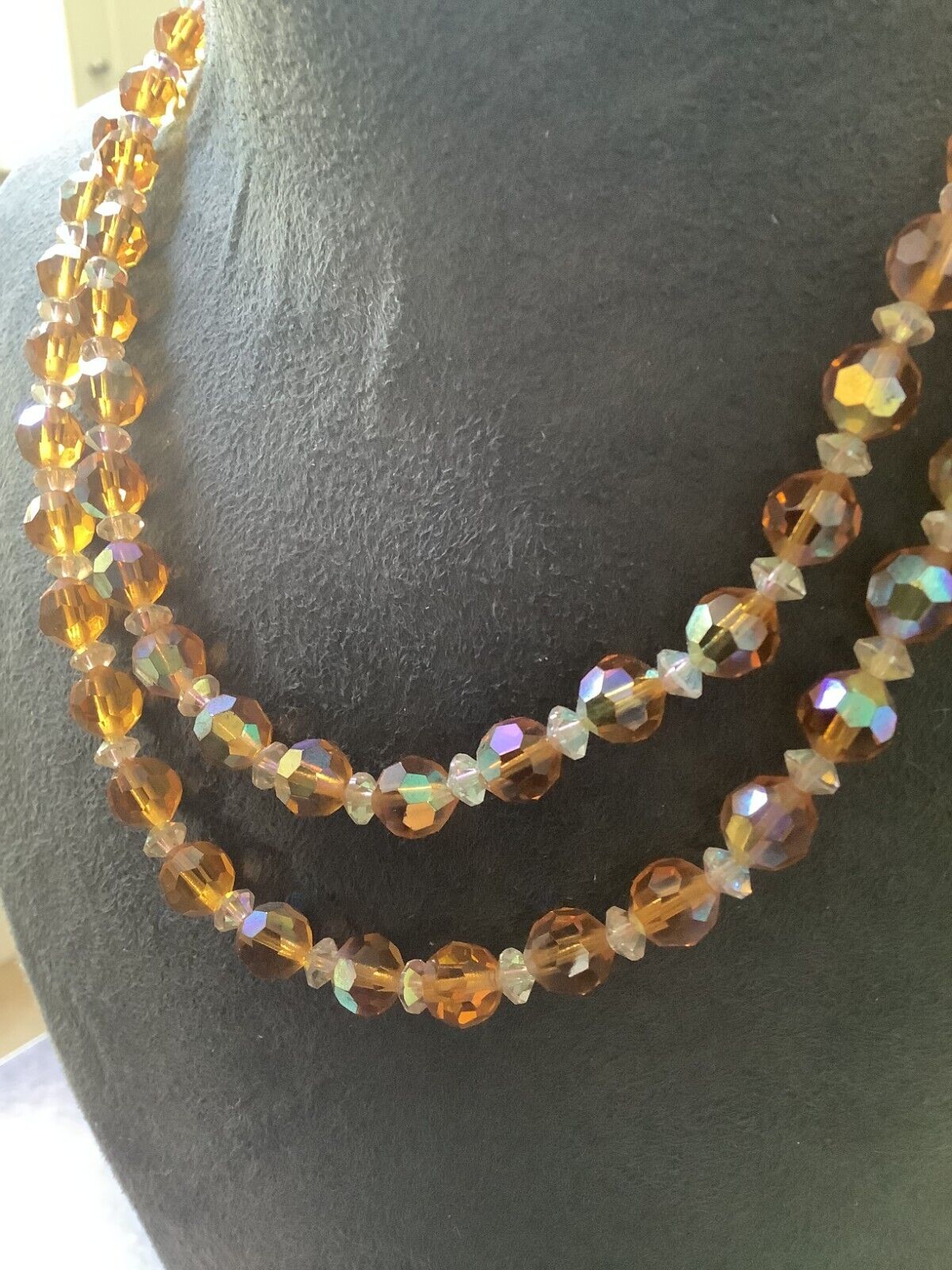 Vintage amber colour & clear faceted bead vintage aurora borealis necklace