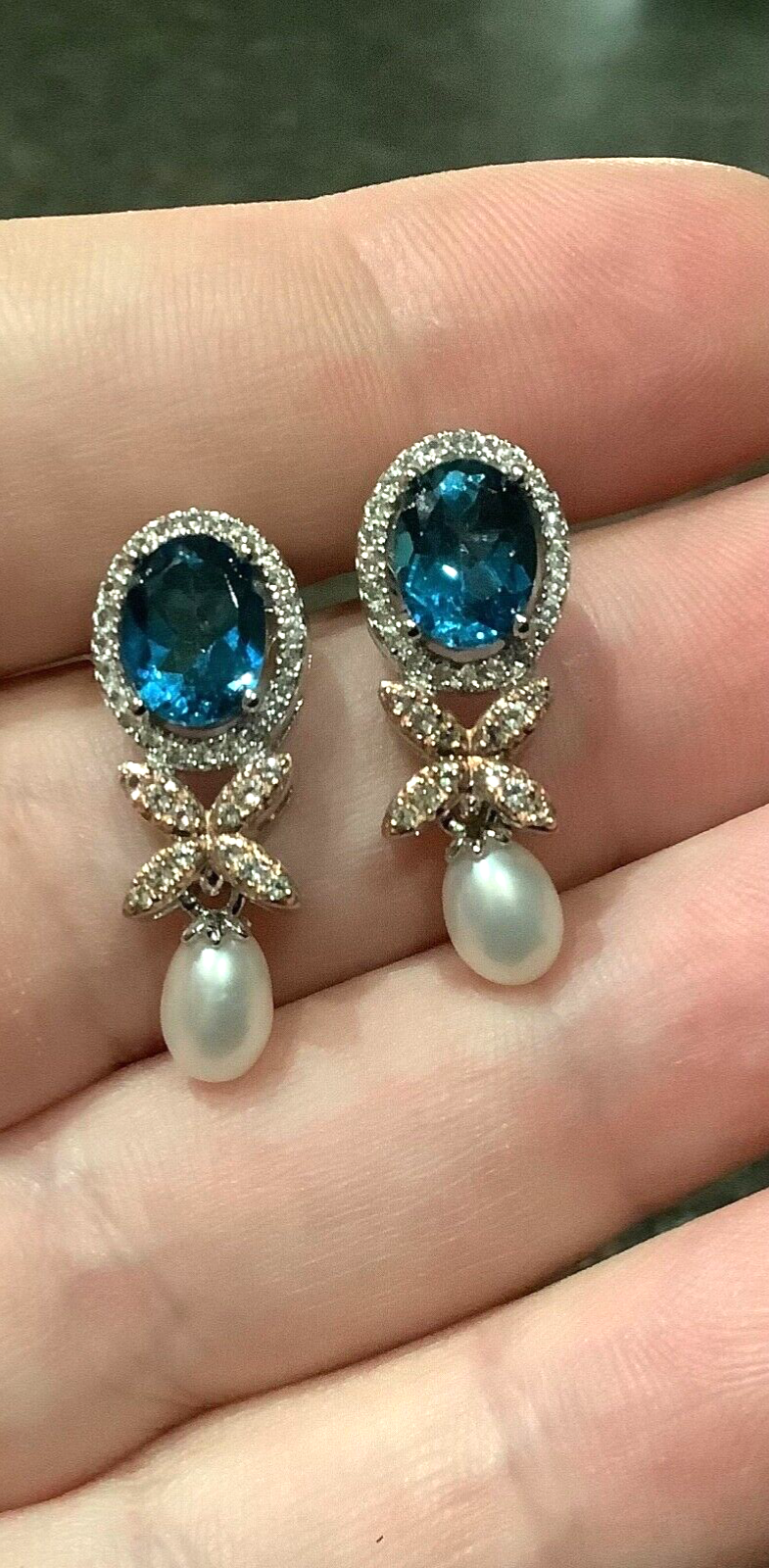 Clogau Queens Jubilee Superbloom Blue Topaz silver earrings pearl RRP £330