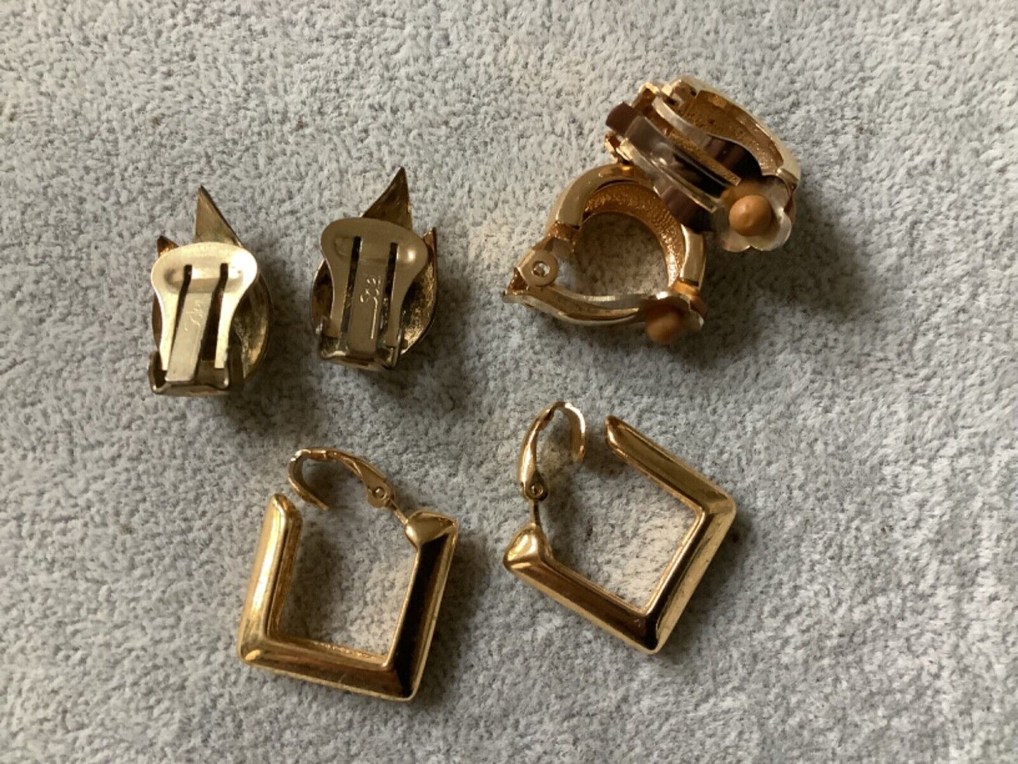3 x vintage gold tone clip on earrings hoop stud