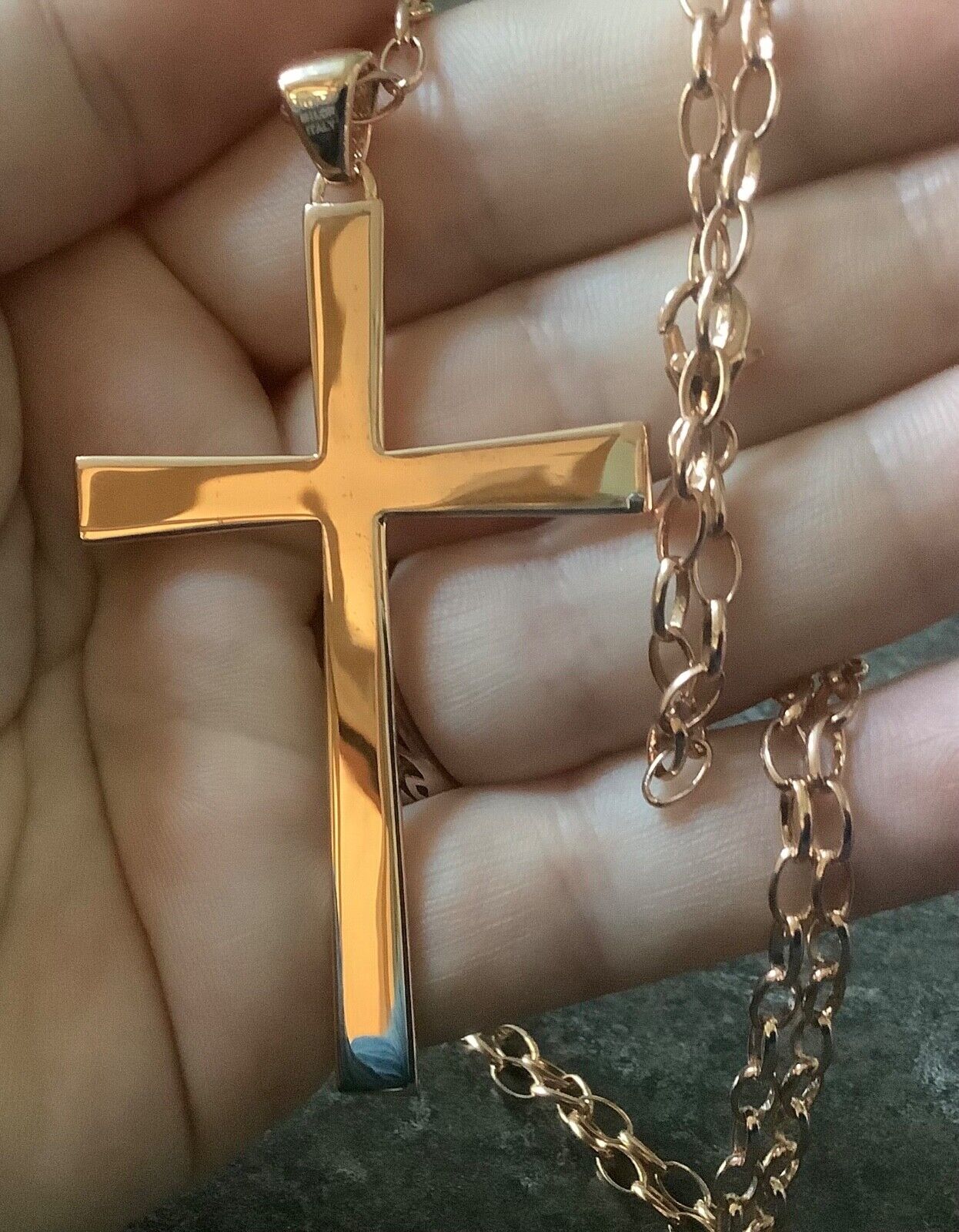 BRONZE MILOR ITALY Large cross pendant on 31" belcher chain rose gold tone