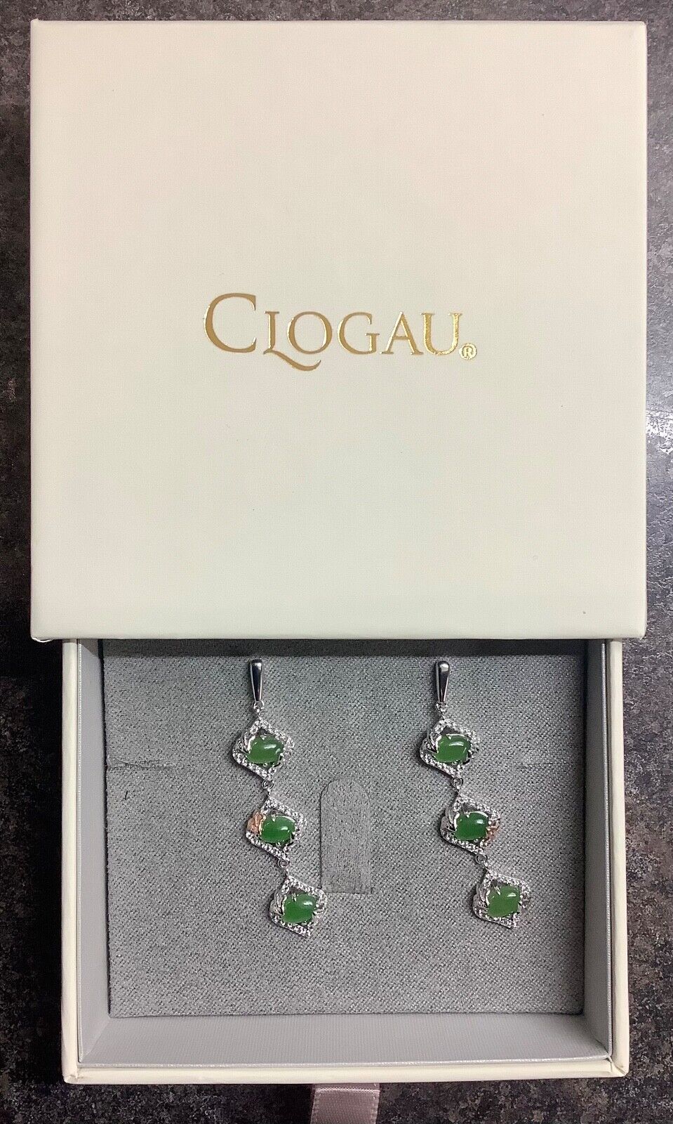 Clogau green jasper Ivy Leaves white topaz earrings silver rose gold RRP £330