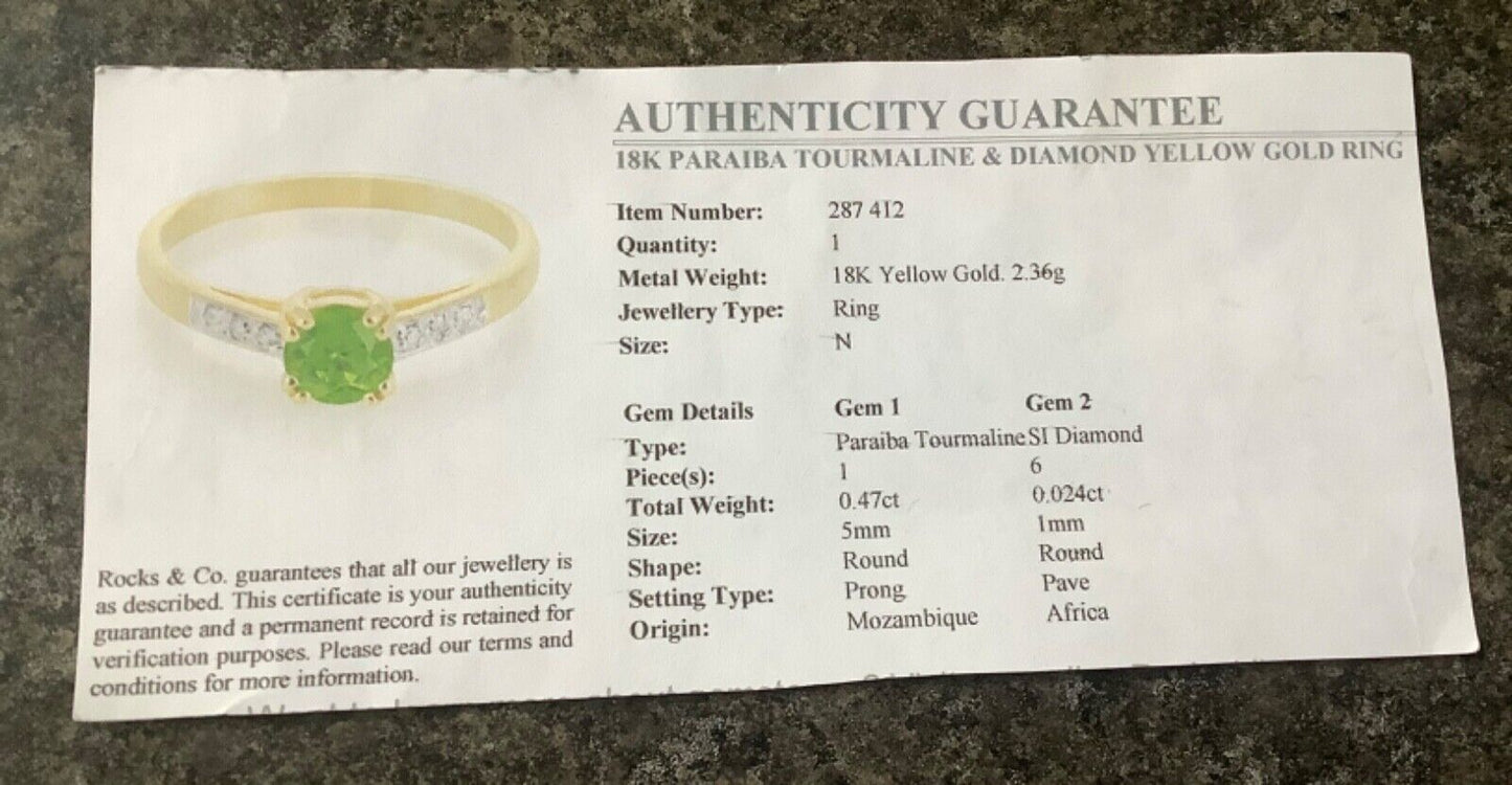 18K Paraiba Tourmaline and Diamond ring size N yellow gold with certificate