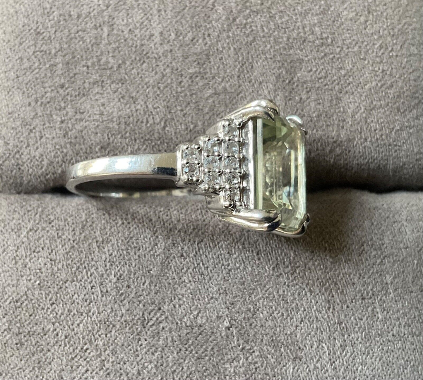 925 Green Amethyst & Zircon emerald cut & stepped shoulders ring R-R1/2 silver
