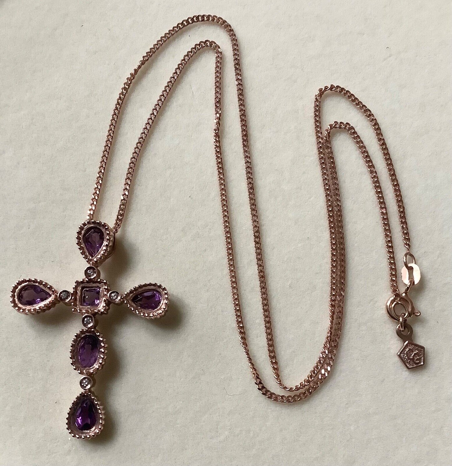 Clogau 9ct Amethyst and Diamond rose gold cross pendant necklace 18"