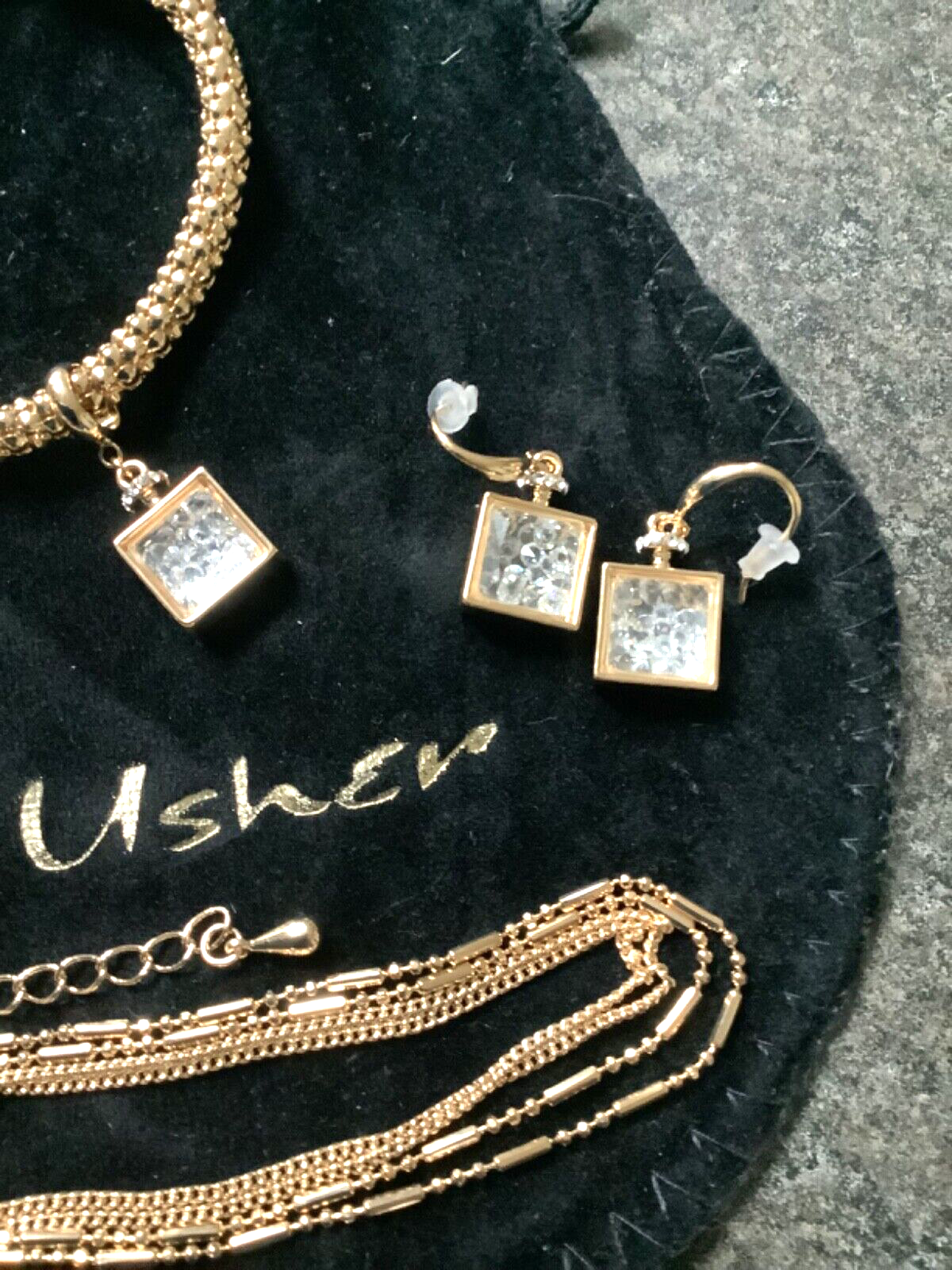 FRANK USHER perfume bottle crystal filled necklace bracelet & earrings set gold