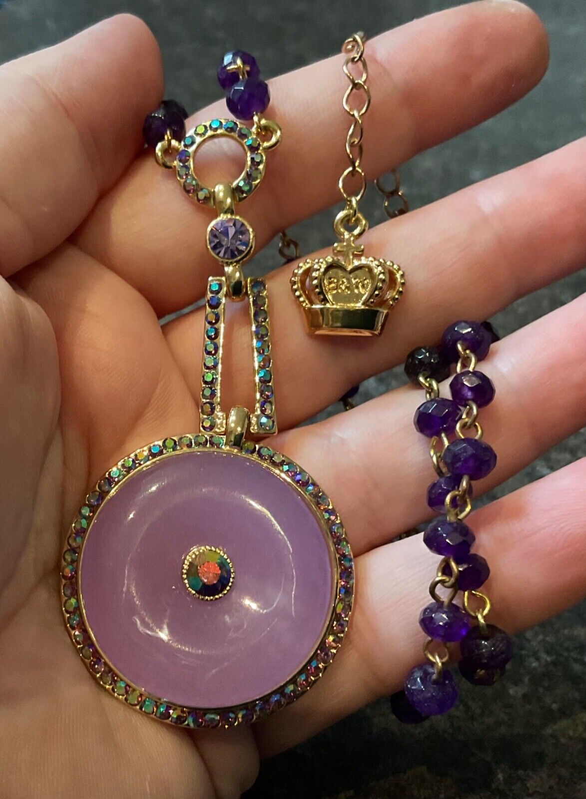 Butler & Wilson lavender disc pendant with purple beads & crystals original box