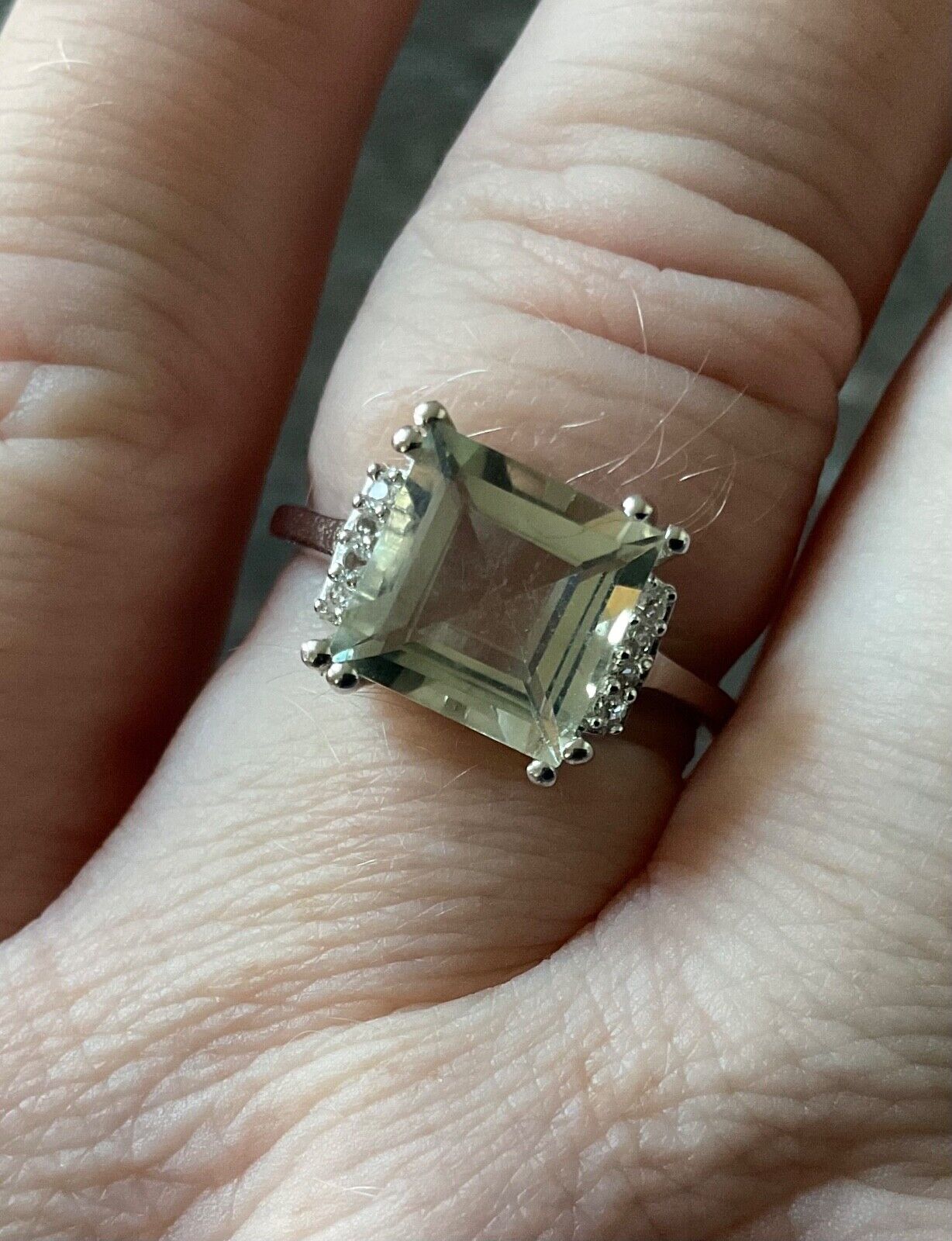 925 Green Amethyst & Zircon square cut ring size P sterling silver