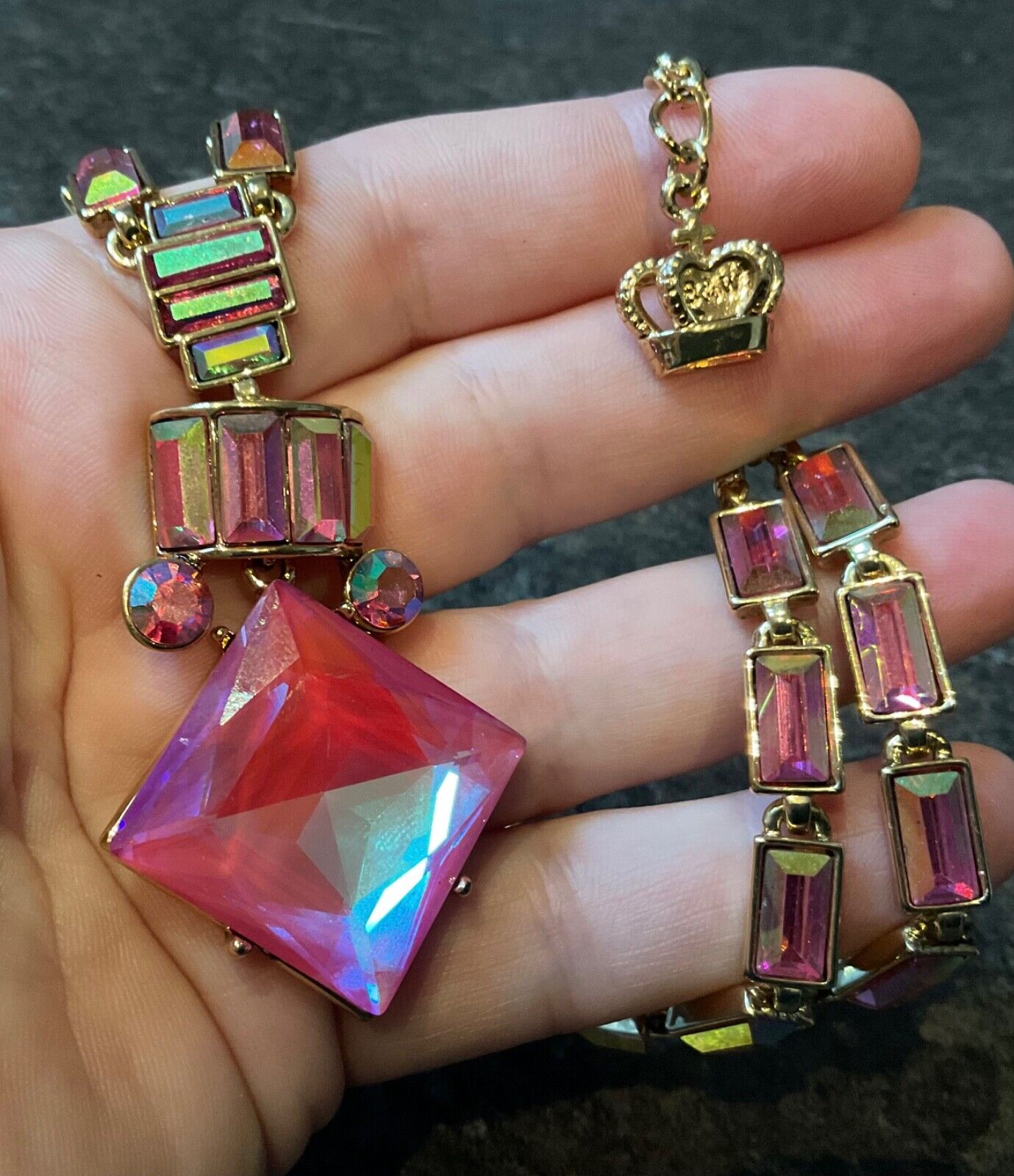 Butler & Wilson pink aurora borealis large crystal necklace 44-50cm original box