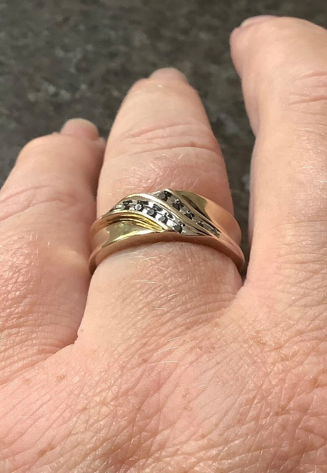 9ct Black diamond yellow and white gold channel set band ring size P1/2