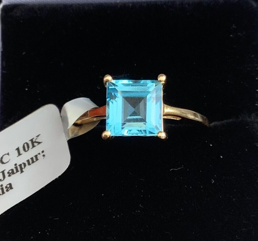10K natural blue topaz square cut ring size N1/2 yellow gold hallmarked