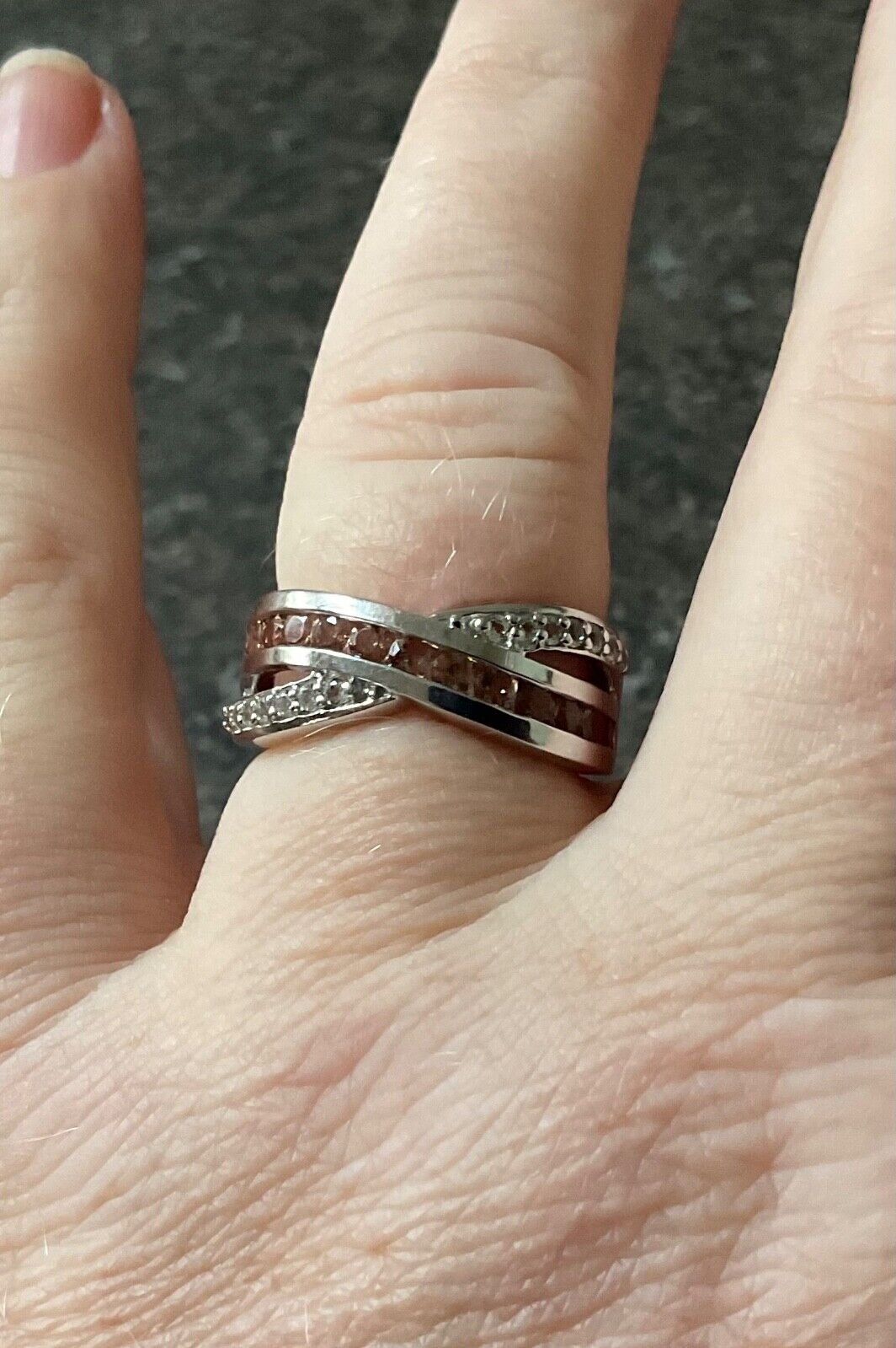 925 Andalusite and zircon channel set cross over ring size N1/2 sterling silver