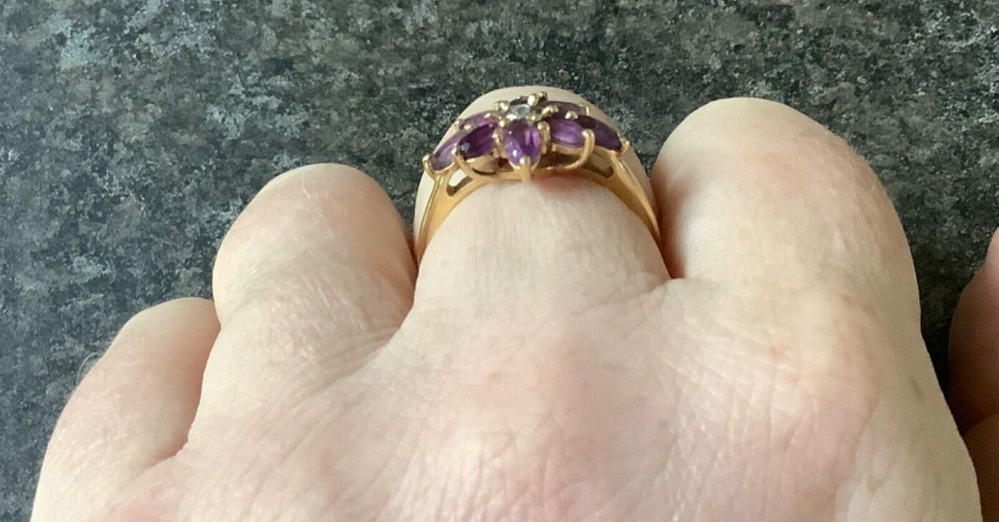 Amethyst and clear stone gold plated 925 silver floral ring T