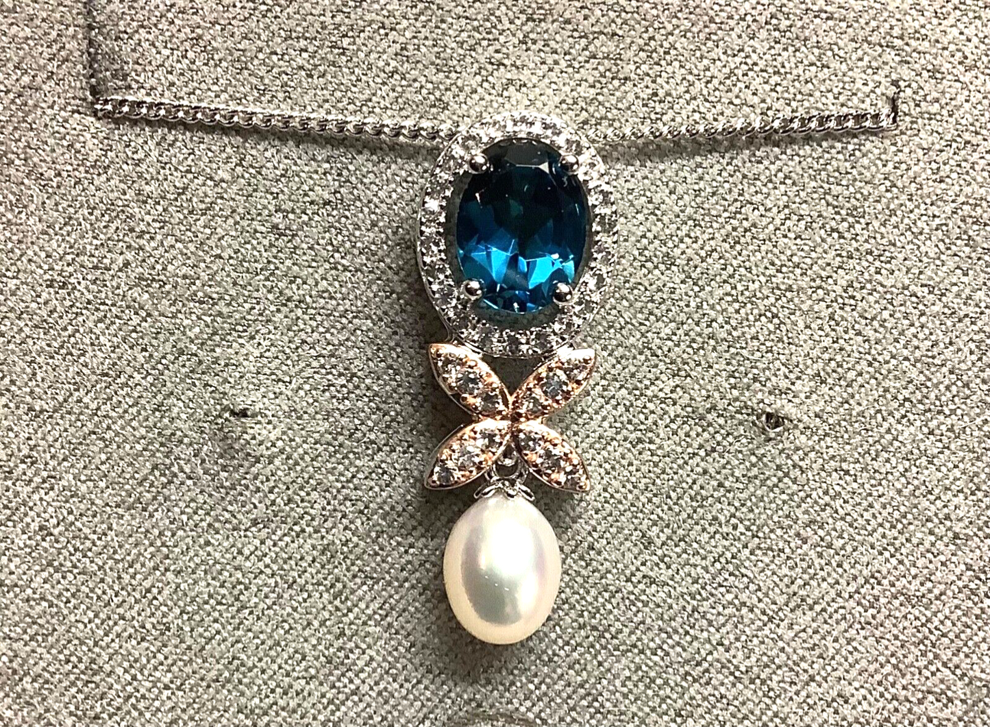 Clogau Queens Jubilee Superbloom Blue Topaz silver pearl necklace RRP £260