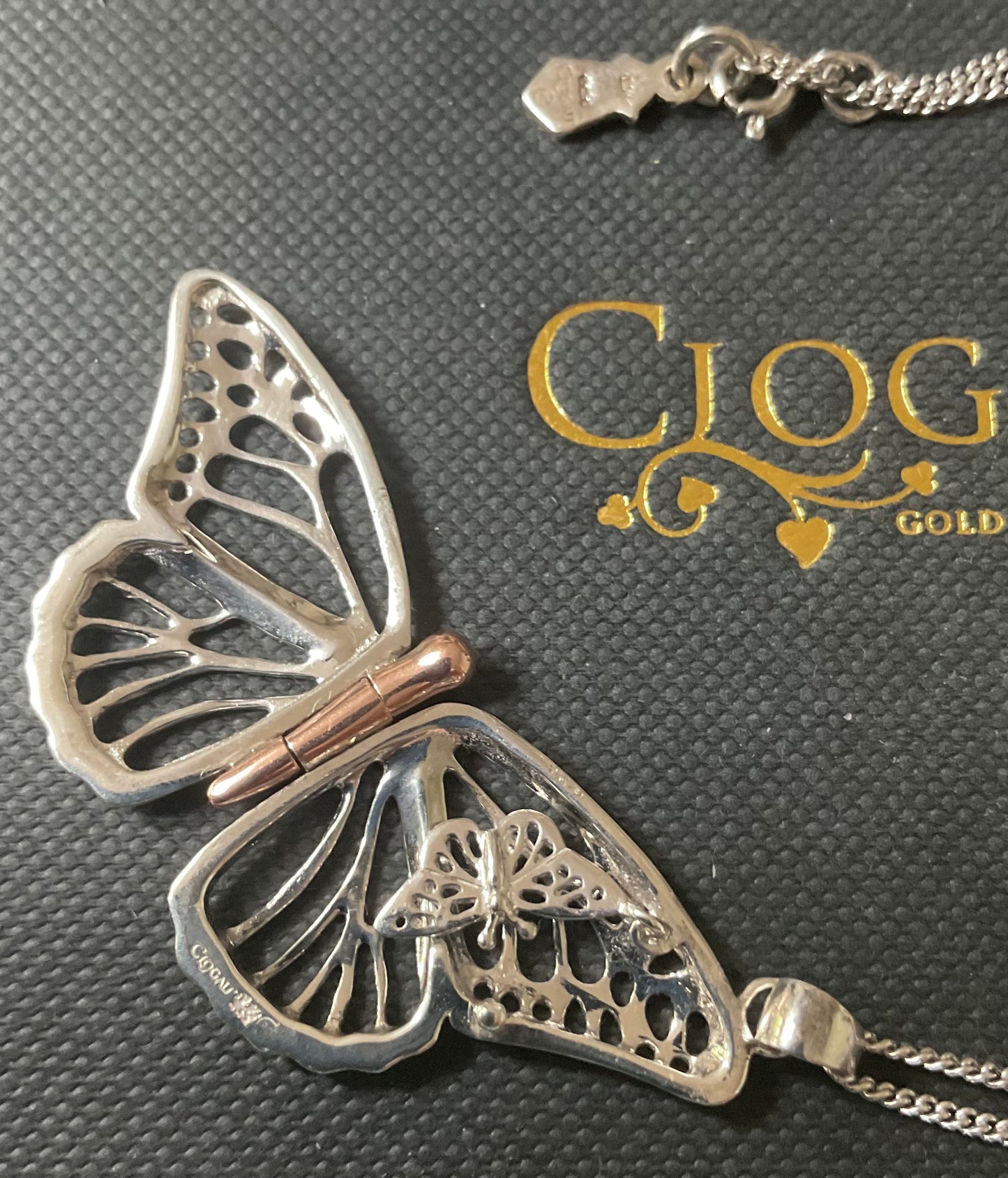 Clogau Large Butterfly locket pendant necklace 18-20” in silver and rose gold