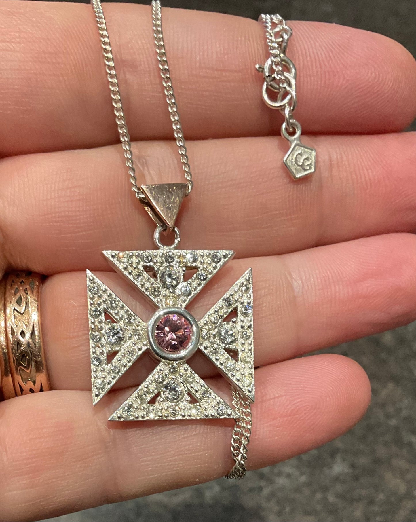 Clogau Royal Cross pink and clear stone pendant necklace in silver and rose gold 18”