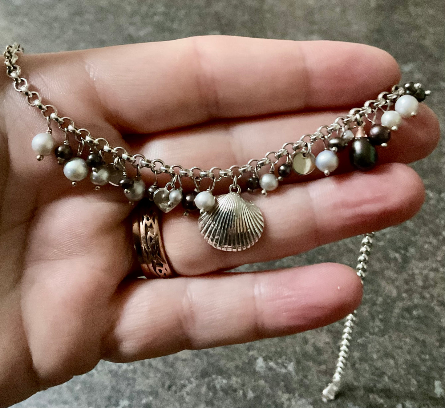 Clogau Beachcomber Peacock & Grey Pearl necklace, bracelet and charm set in silver and rose gold
