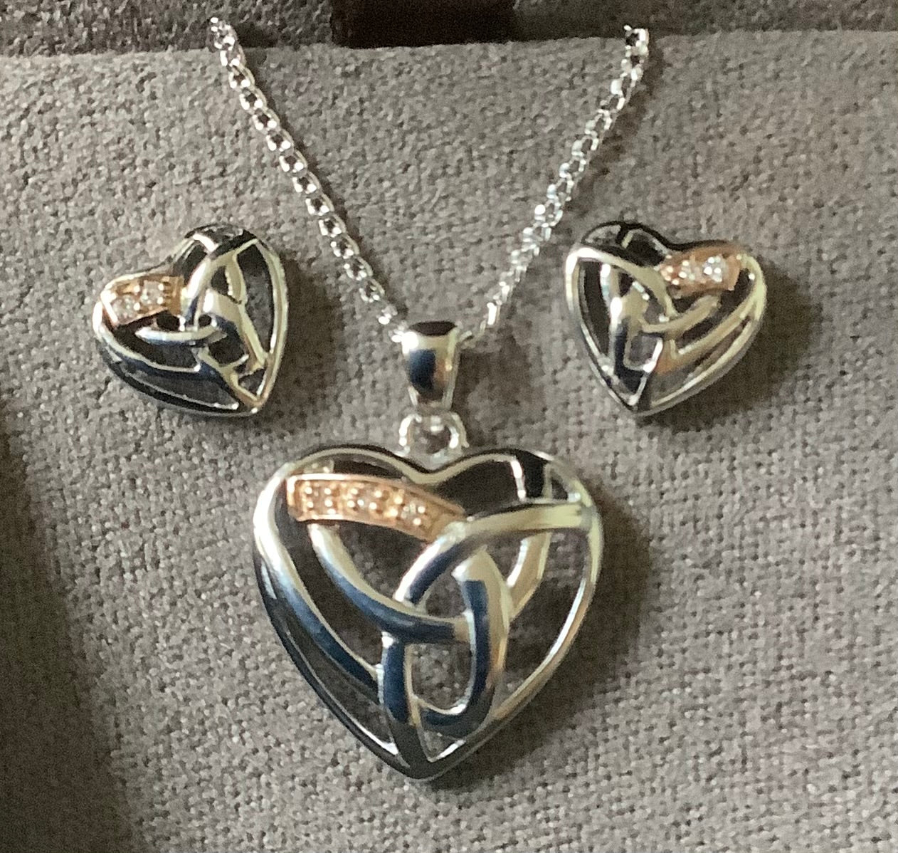 Clogau eternal love diamond heart earrings and necklace set silver and rose gold