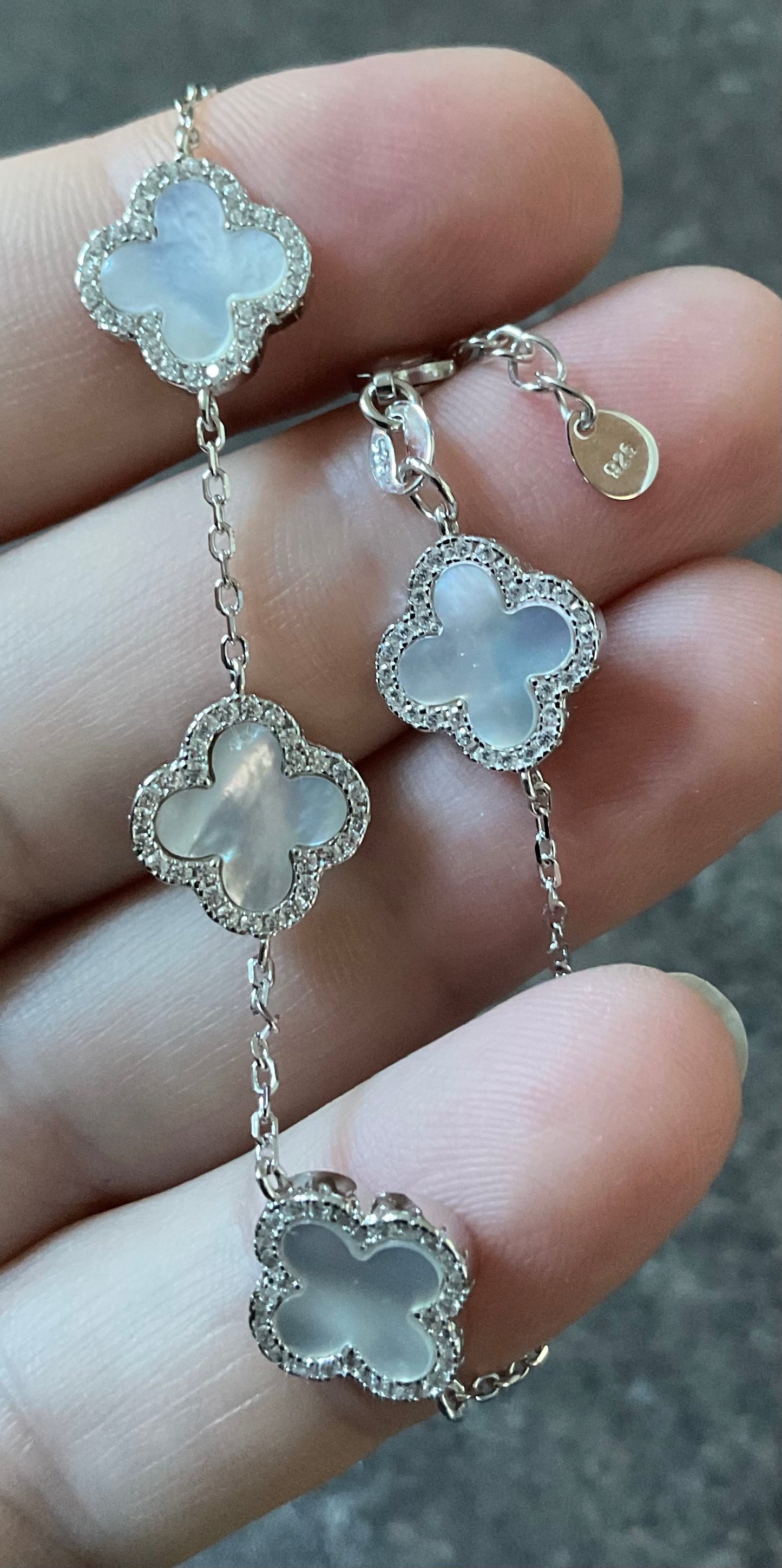 925 Mother of Pearl & Cubic Zirconia Four Leaf Clover bracelet in sterling silver