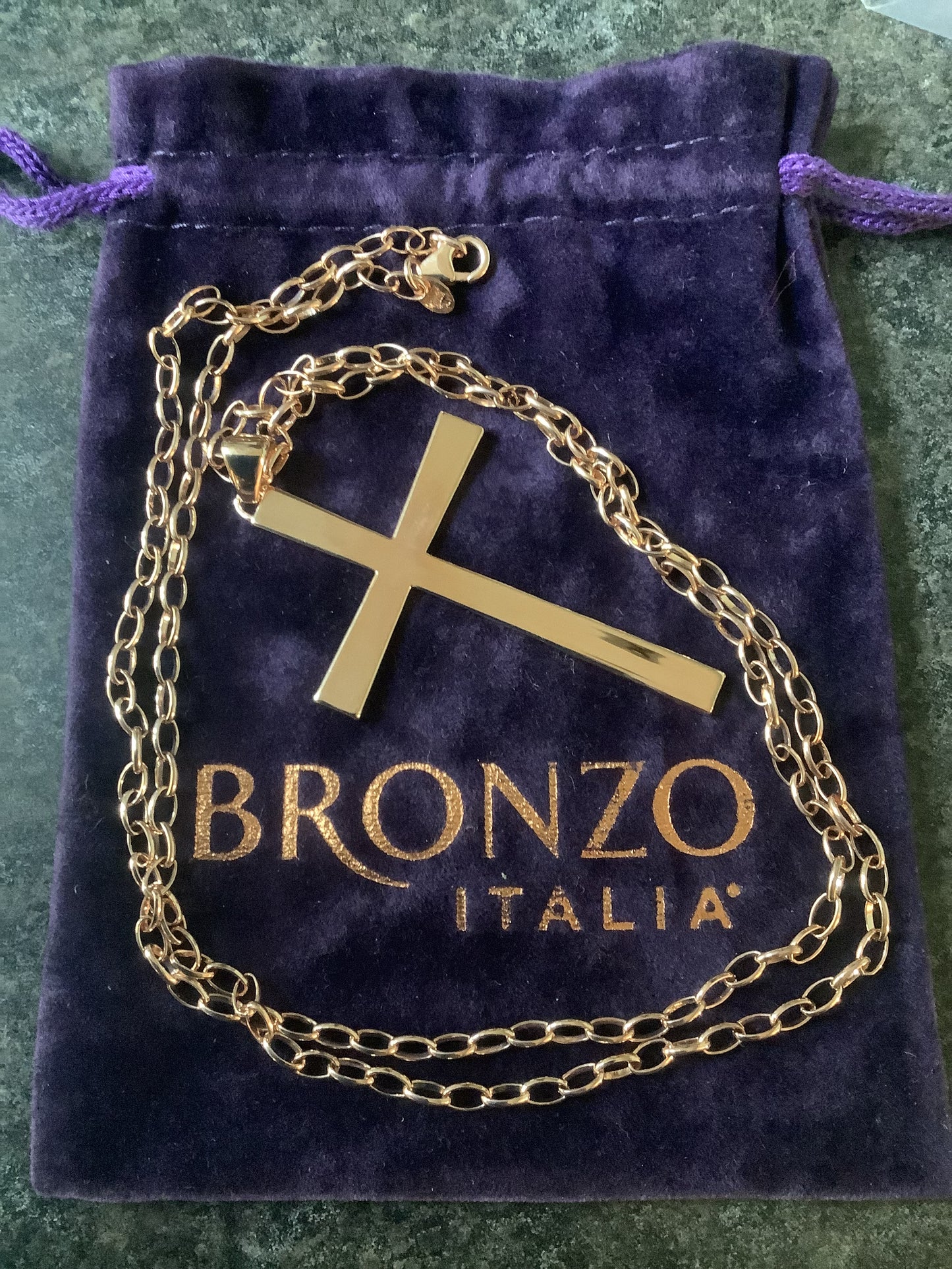 BRONZE MILOR ITALY Large cross pendant on 31" belcher chain rose gold tone