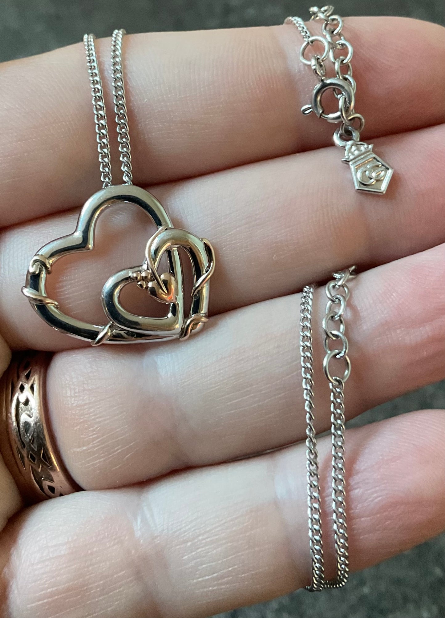 Clogau Tree of Life Vine double heart pendant necklace 18-22” in silver and rose gold