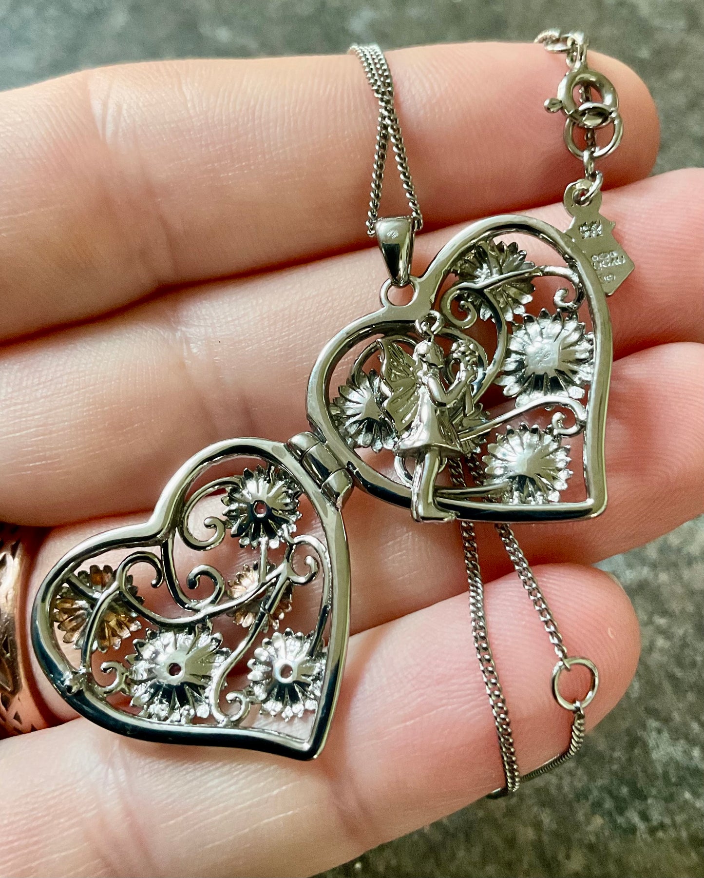 Clogau Amethyst Flower Fairy heart locket pendant necklace in silver and rose gold