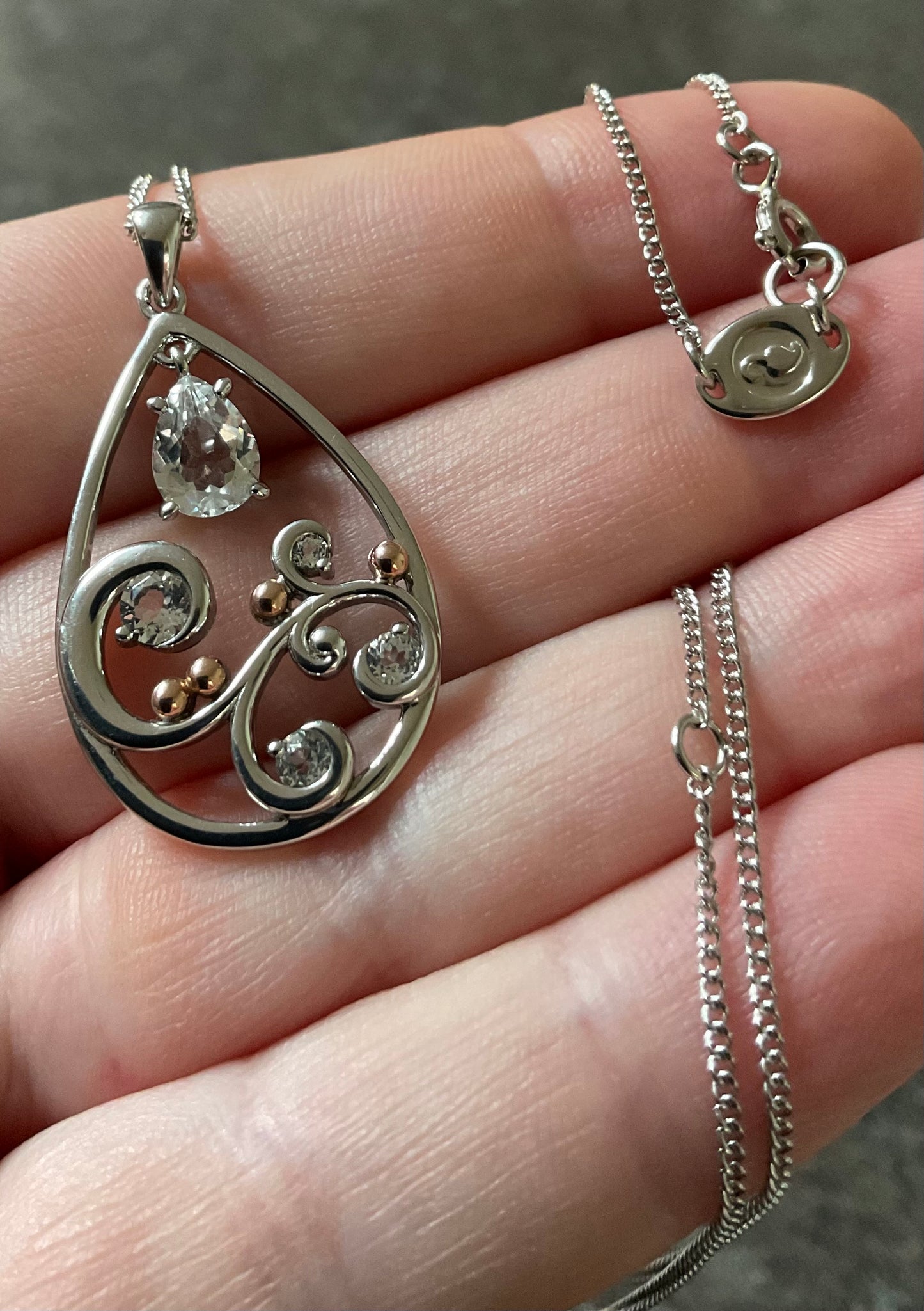 Clogau St Govan’s Cove White Topaz pendant necklace 18, 20, 22” in silver and rose gold