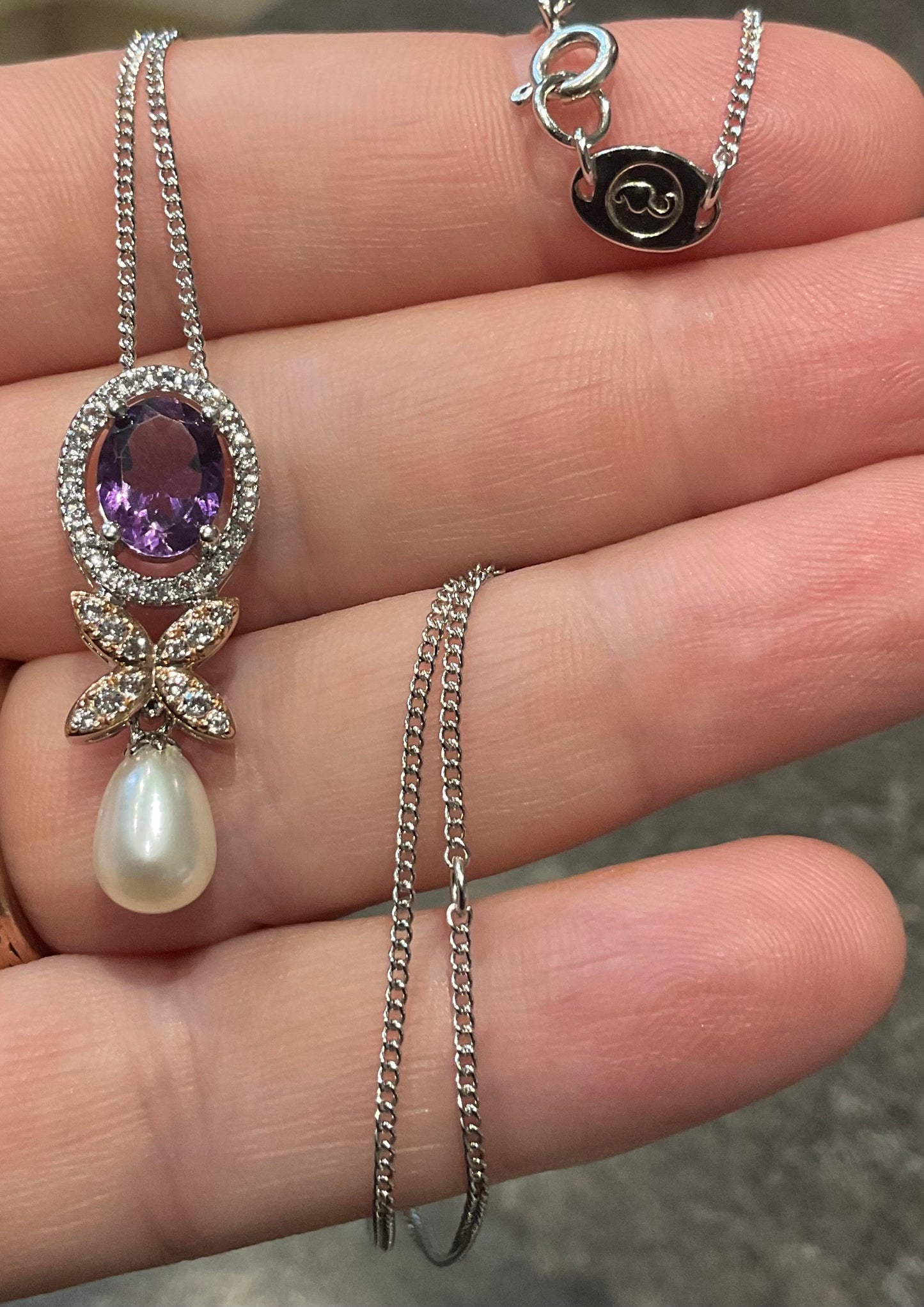Clogau Superbloom Amethyst Queens Jubilee pearl necklace in silver and rose gold