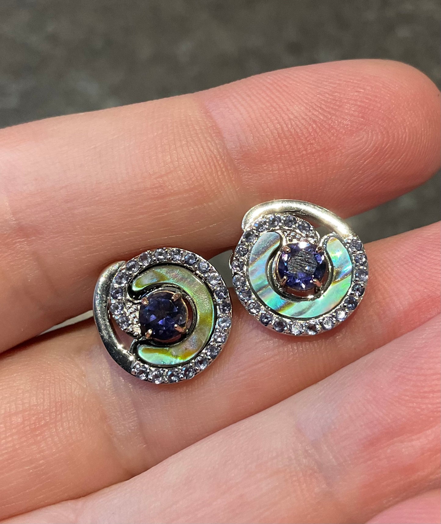 Clogau Ebb and Flow Abalone shell and Iolite stud earrings in silver and rose gold