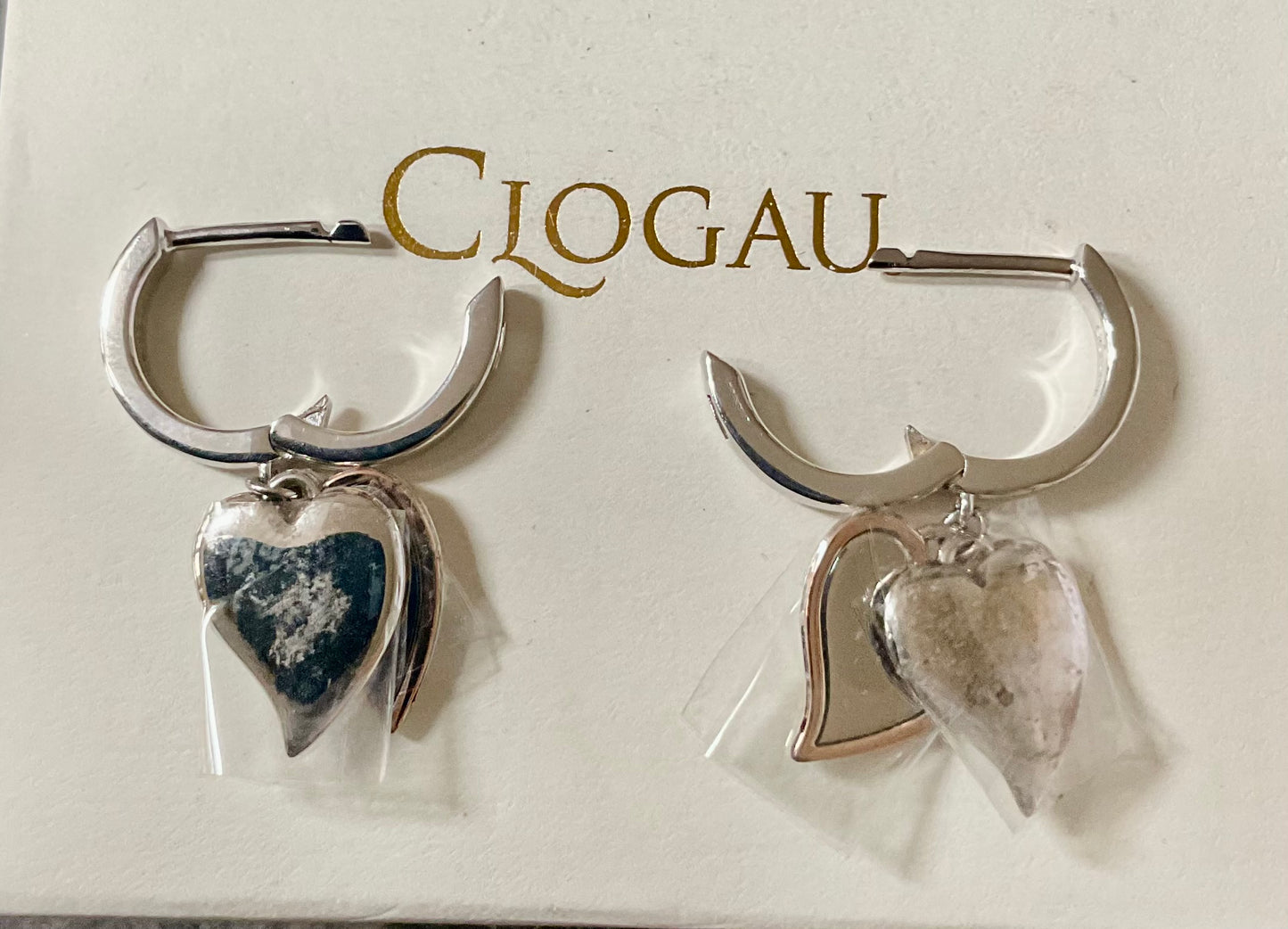 Clogau Cwtch Double Heart hoop drop earrings in silver and rose gold