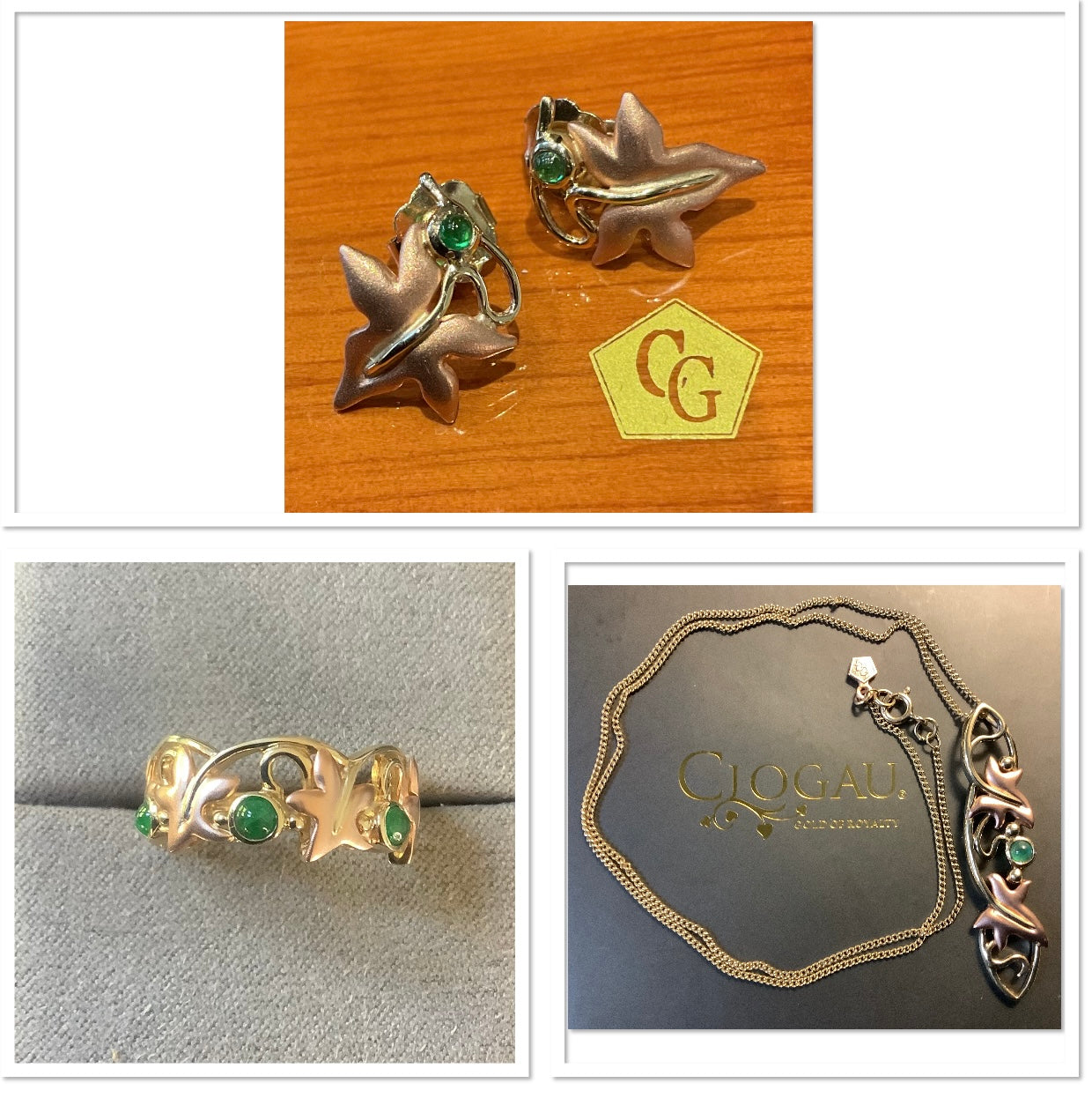 Clogau 9ct Emerald cabochon Lady of Caerphilly ivy ring N yellow & rose gold