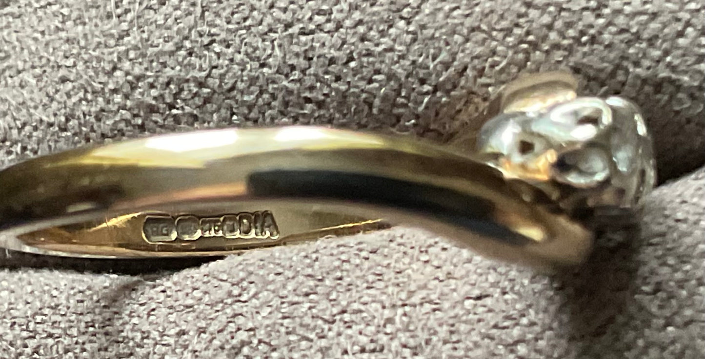 9ct vintage diamond illusion set trilogy bypass ring size L yellow gold London hallmarked
