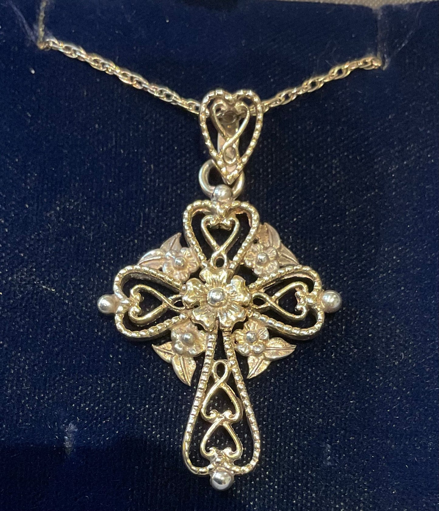 Vintage Brooks & Bentley ornate hearts and flowers cross pendant necklace gold plated 925 sterling silver in original box hallmarked