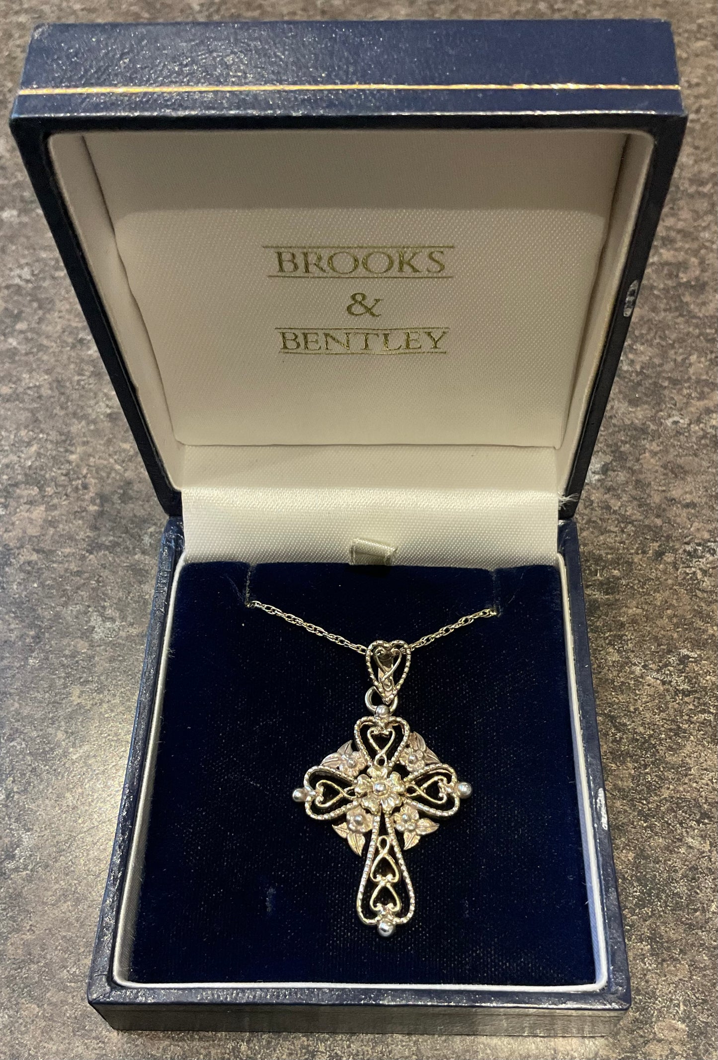 Vintage Brooks & Bentley ornate hearts and flowers cross pendant necklace gold plated 925 sterling silver in original box hallmarked