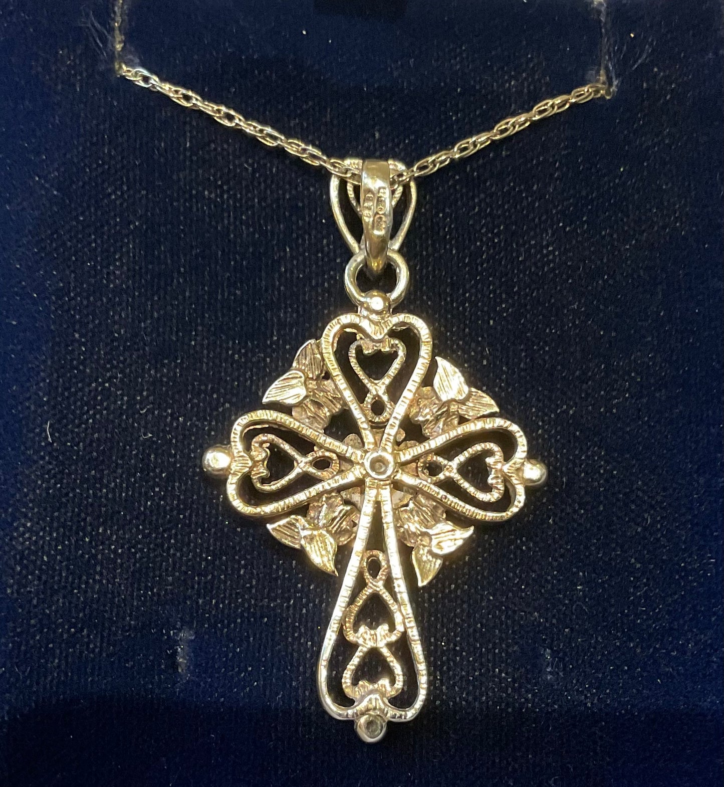Vintage Brooks & Bentley ornate hearts and flowers cross pendant necklace gold plated 925 sterling silver in original box hallmarked
