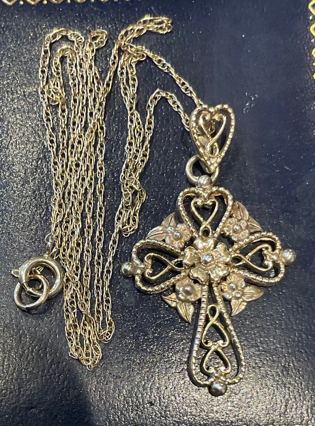 Vintage Brooks & Bentley ornate hearts and flowers cross pendant necklace gold plated 925 sterling silver in original box hallmarked