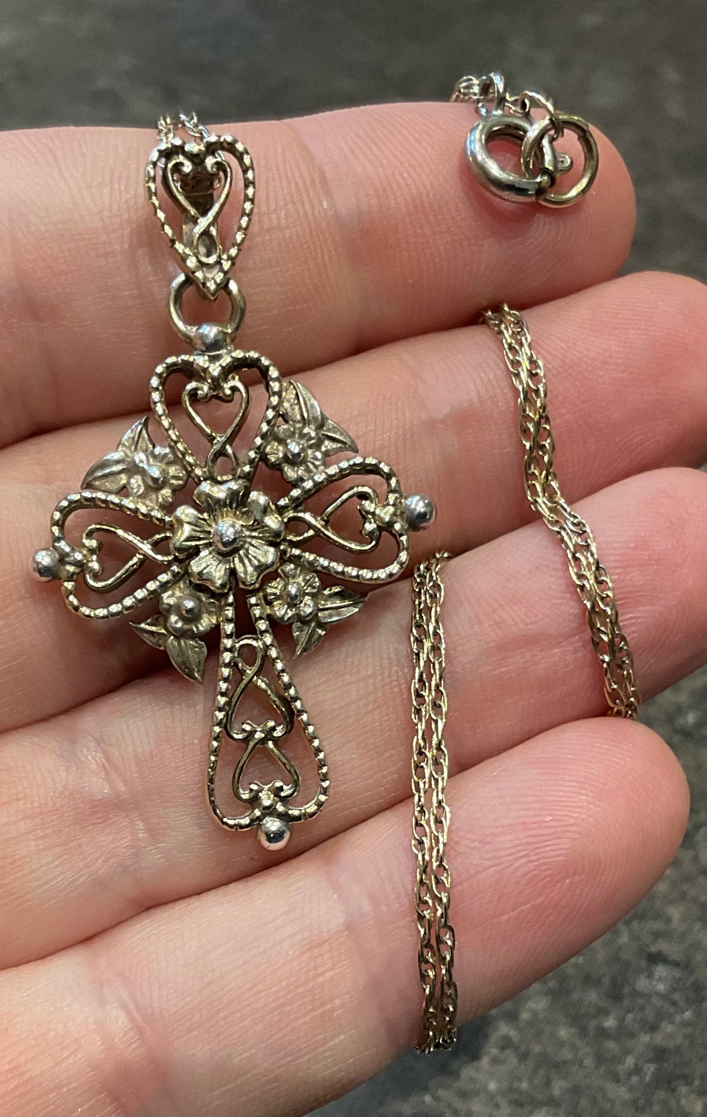 Vintage Brooks & Bentley ornate hearts and flowers cross pendant necklace gold plated 925 sterling silver in original box hallmarked