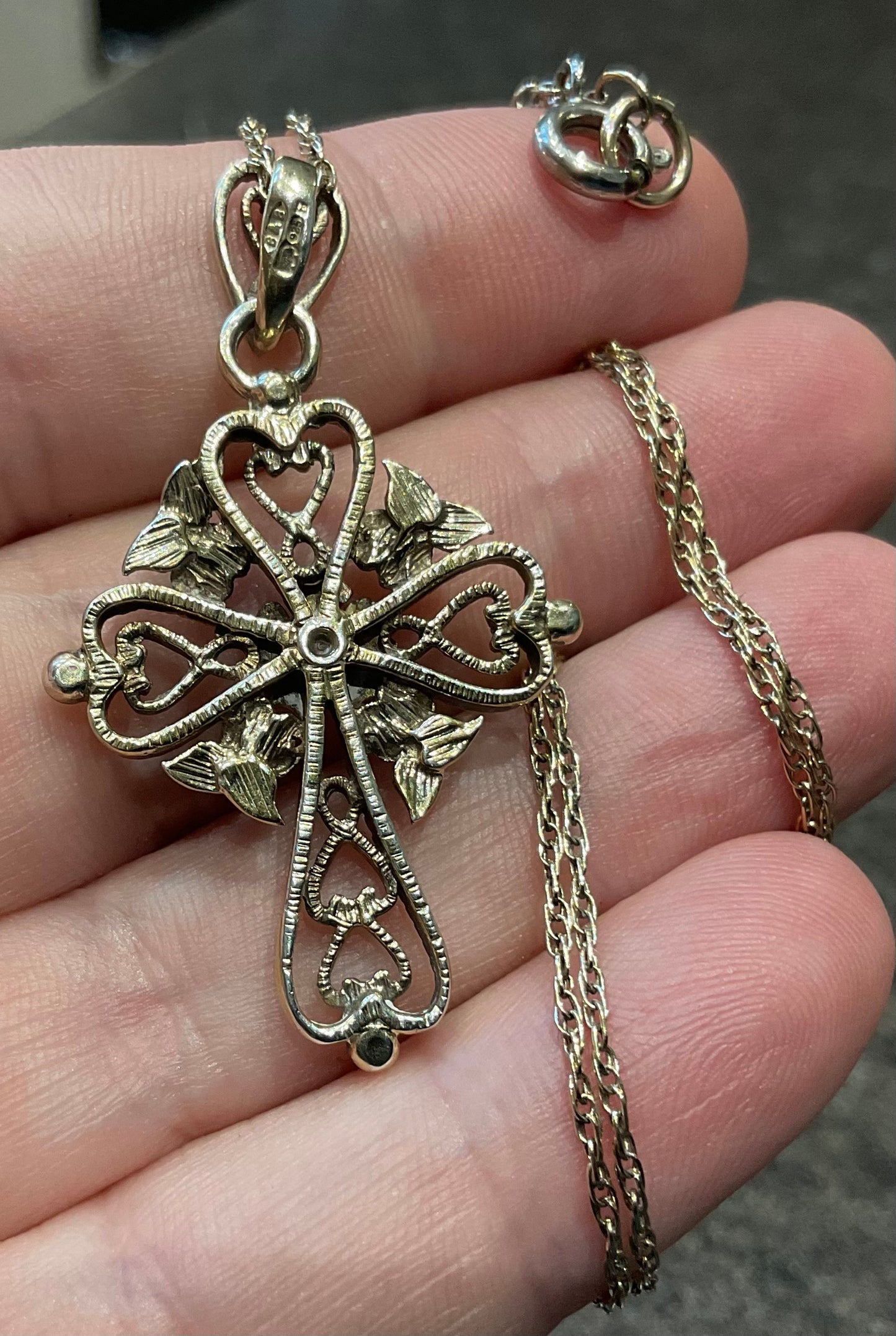 Vintage Brooks & Bentley ornate hearts and flowers cross pendant necklace gold plated 925 sterling silver in original box hallmarked
