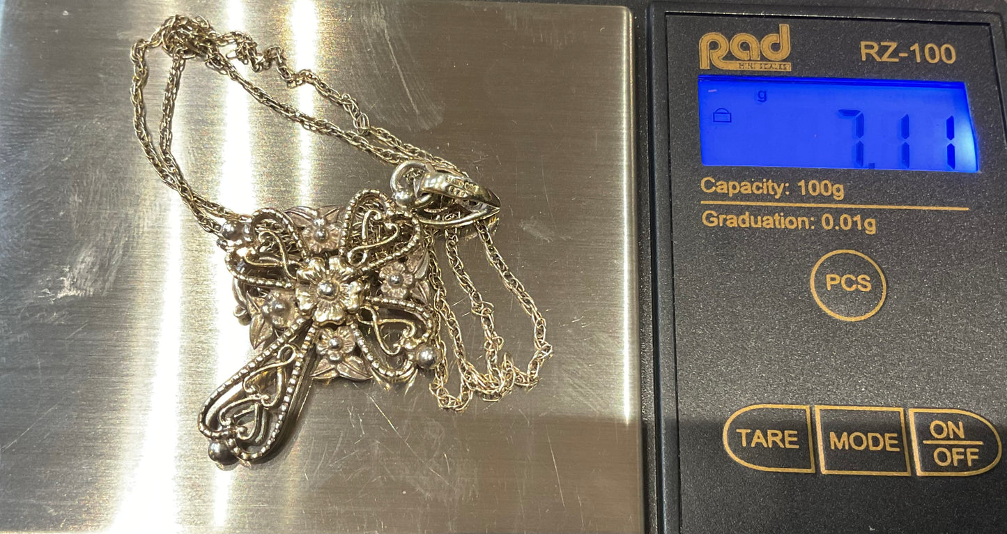 Vintage Brooks & Bentley ornate hearts and flowers cross pendant necklace gold plated 925 sterling silver in original box hallmarked