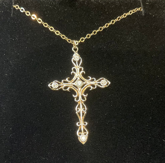 Vintage ornate gold tone clear stone cross pendant on 14k gold filled chain 20"