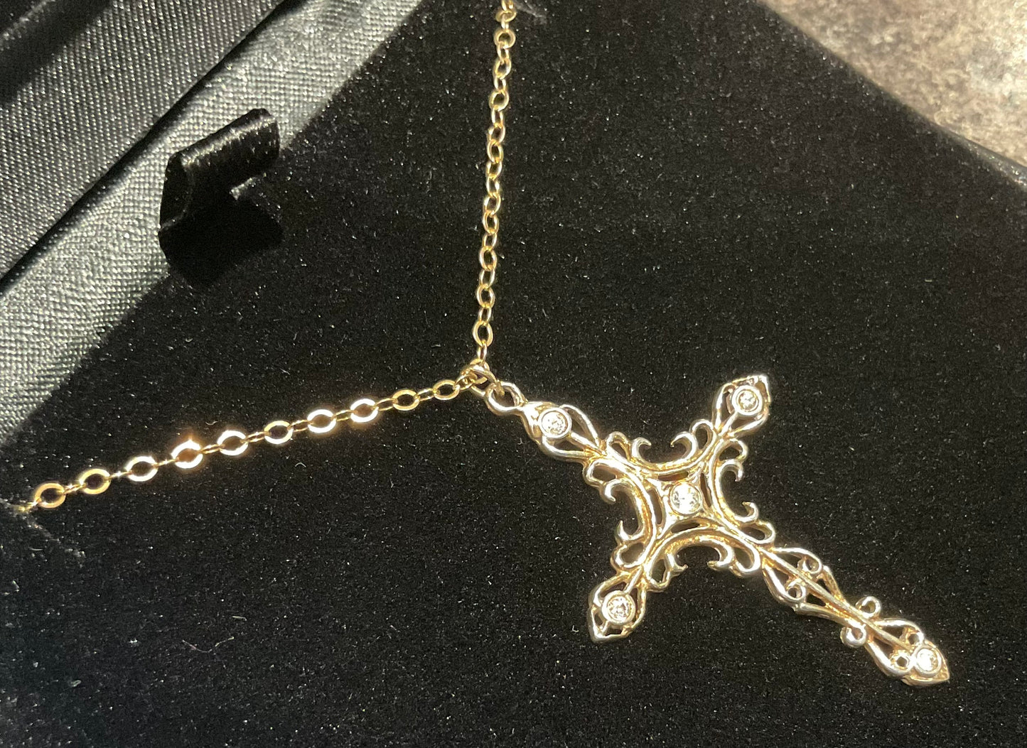 Vintage ornate gold tone clear stone cross pendant on 14k gold filled chain 20"