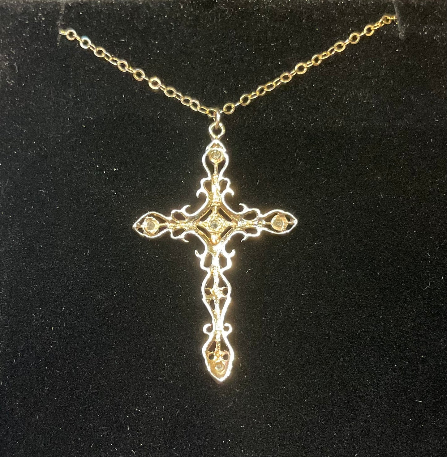 Vintage ornate gold tone clear stone cross pendant on 14k gold filled chain 20"