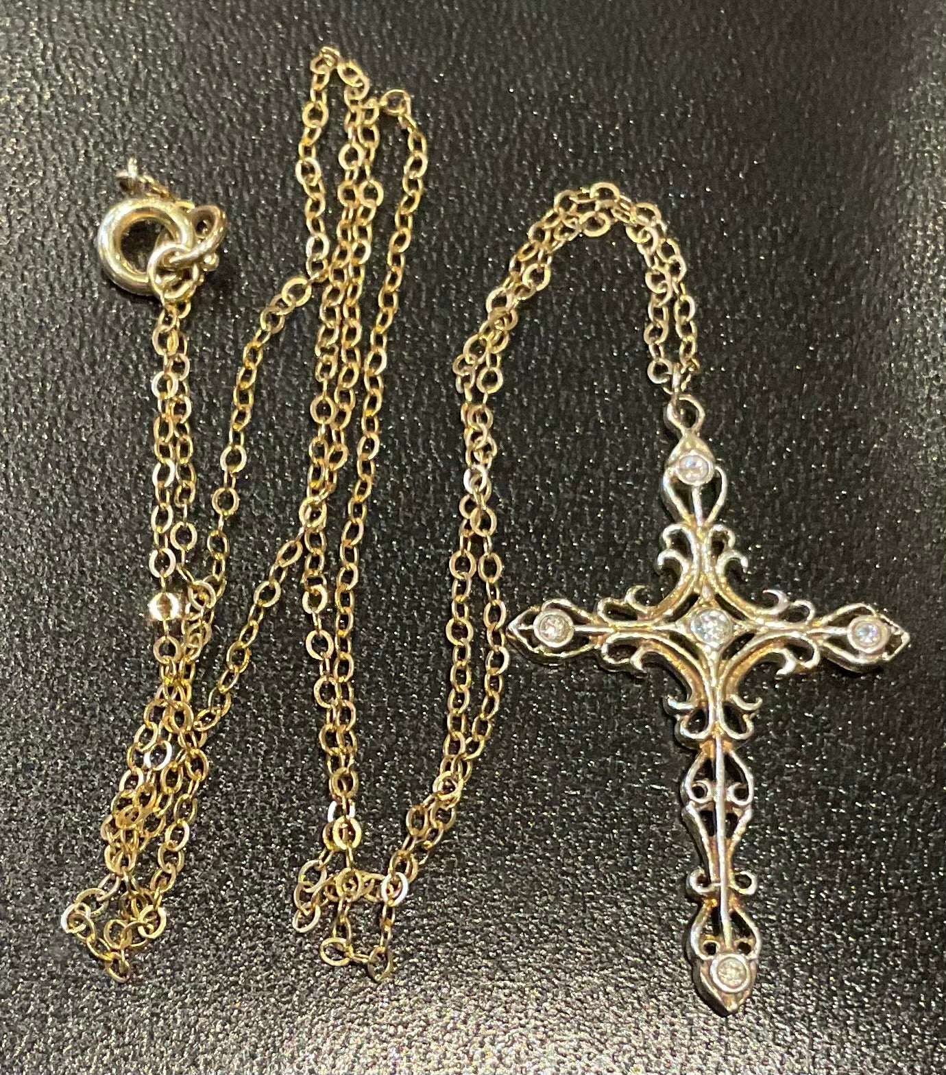 Vintage ornate gold tone clear stone cross pendant on 14k gold filled chain 20"
