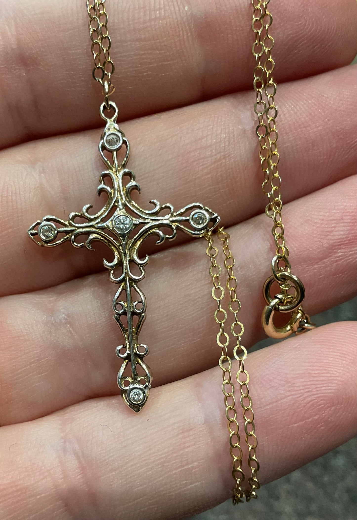 Vintage ornate gold tone clear stone cross pendant on 14k gold filled chain 20"