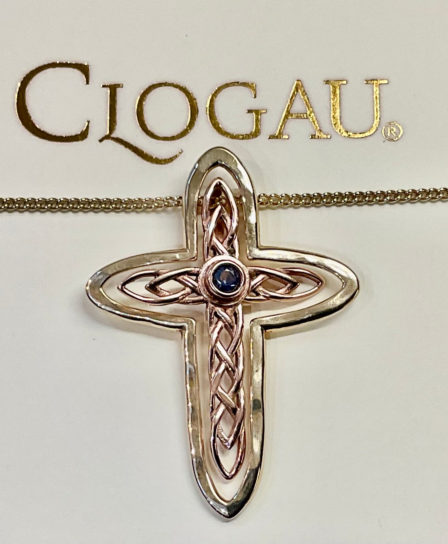 Vintage Clogau 9ct Sapphire Celtic Cross interchangeable pendant 18” necklace yellow and rose gold Sheffield Hallmark on cross