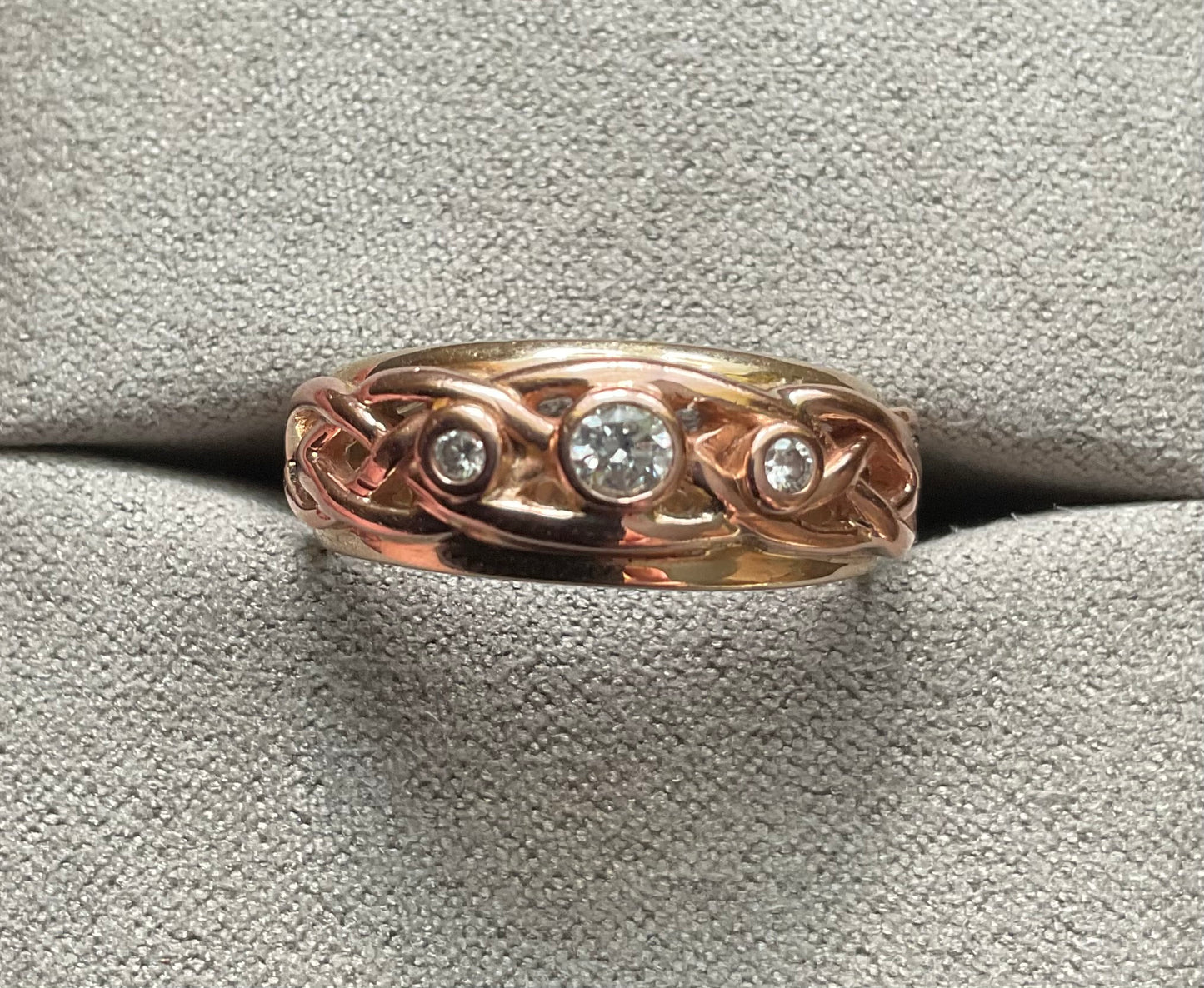 Clogau 9ct 3 Diamond Lovers Knot Celtic weave ring size N1/2 yellow and rose gold 4.83g