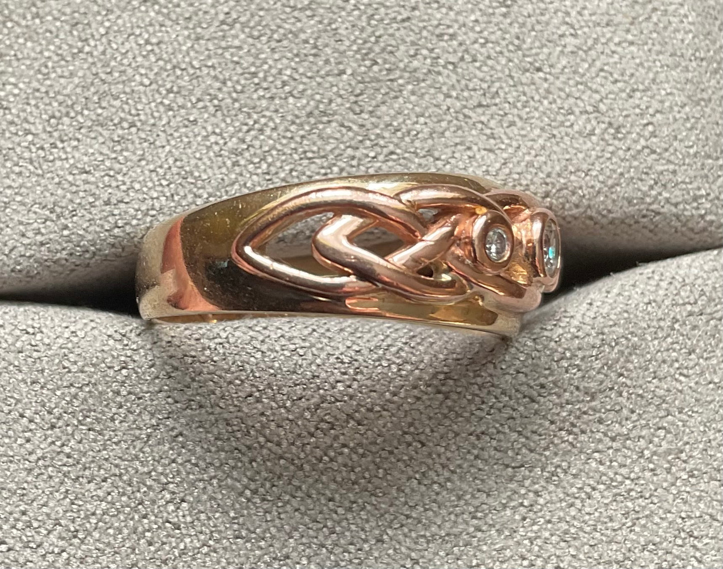 Clogau 9ct 3 Diamond Lovers Knot Celtic weave ring size N1/2 yellow and rose gold 4.83g